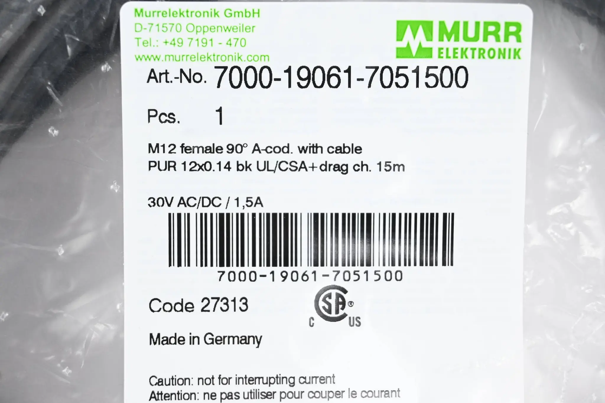Produktfoto 1 von Murr Elektronik Verbindungskabel 7000-19061-7051500