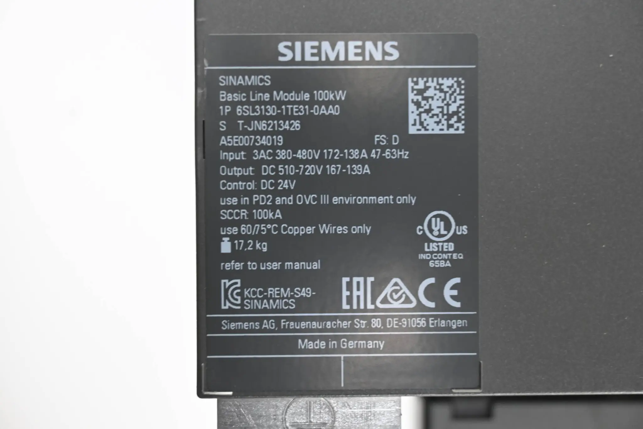 Produktfoto 1 von Siemens Sinamics Basic Line Modul 6SL3130-1TE31-0AA0 ( 6SL3 130-1TE31-0AA0 ) E.D