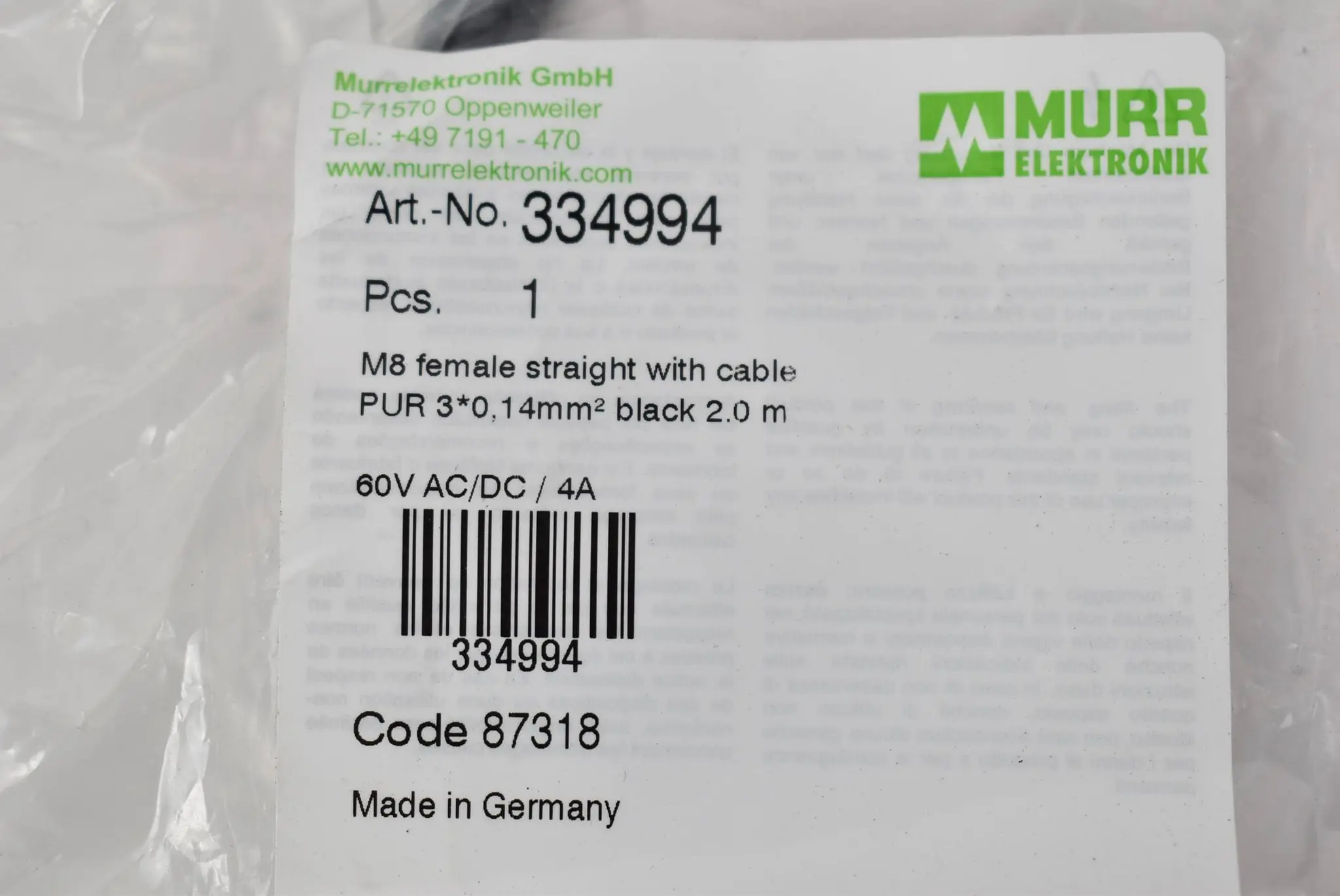 Produktfoto 1 von Murr Elektronik M8 Buchse gerade mit Kabel 2m 60VAC/DC 4A 334994