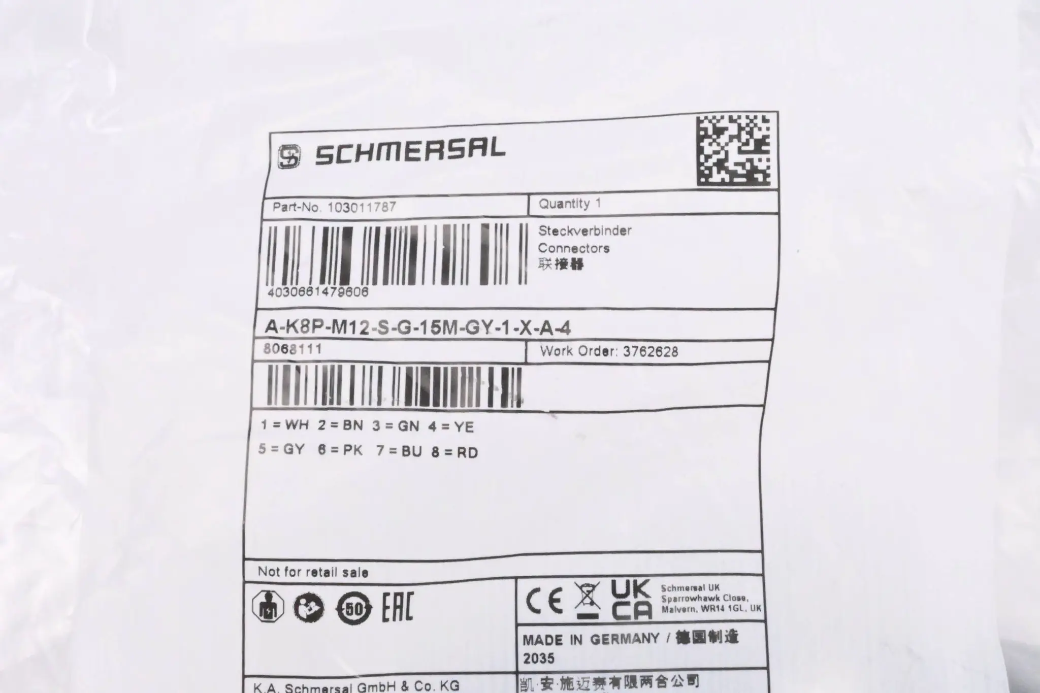 Produktfoto 1 von Schmersal Anschlussleitung A-K8P-M12-S-G-15M-GY-1-X-A-4 ( 103011787 )