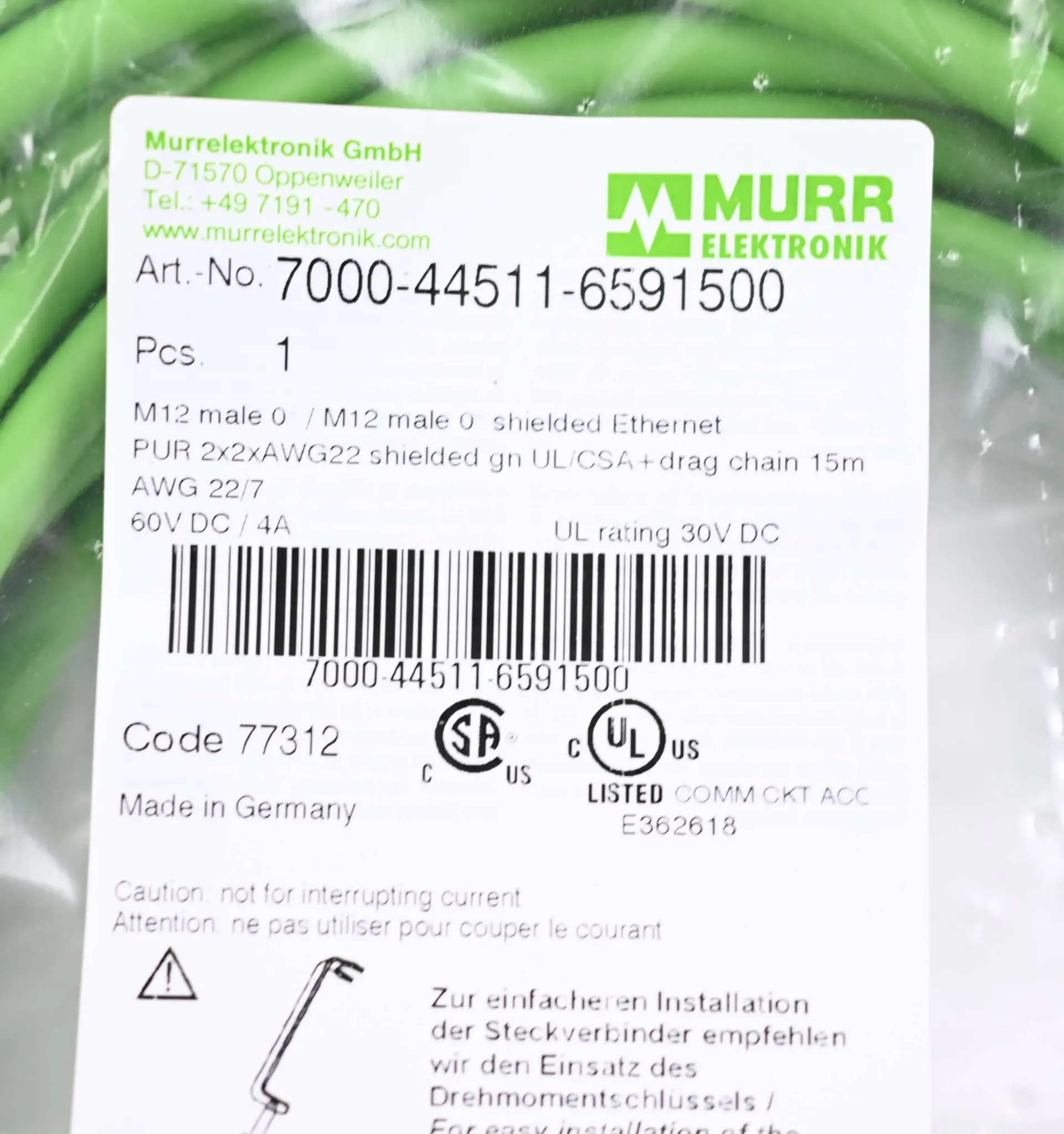 Produktfoto 1 von Murr PUR 1x4xAWG22 geschirmt gn UL/CSA+schleppk. 15m ( 7000-44511-6591500 )