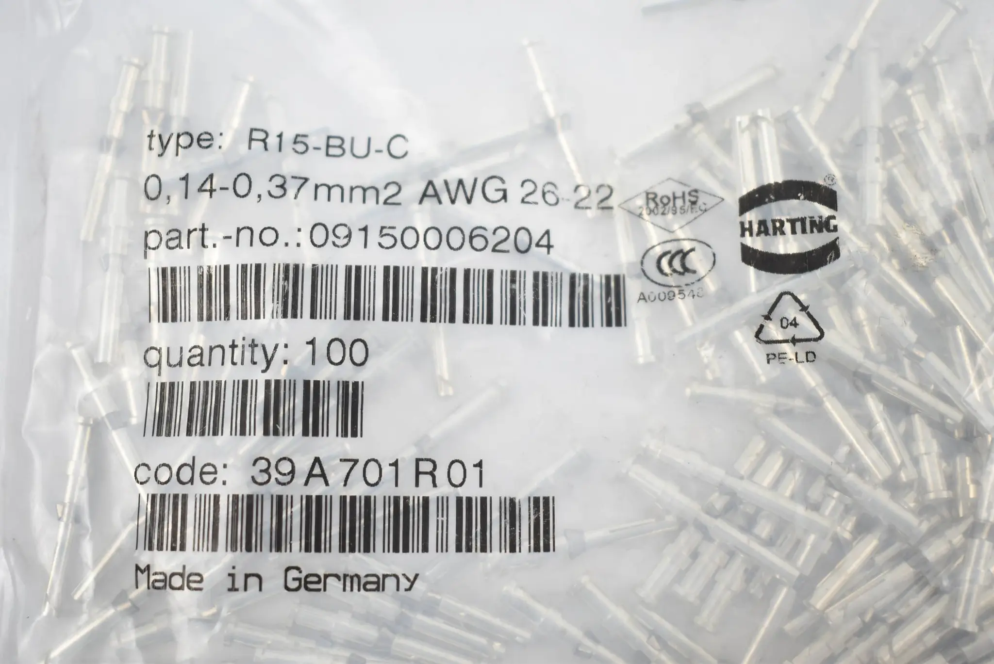 Produktfoto 1 von Harting Crimpkontakt R15-BU-C ( 09150006204 ) 0,14-0,37mm² AWG 26-22 ( VE 100x )