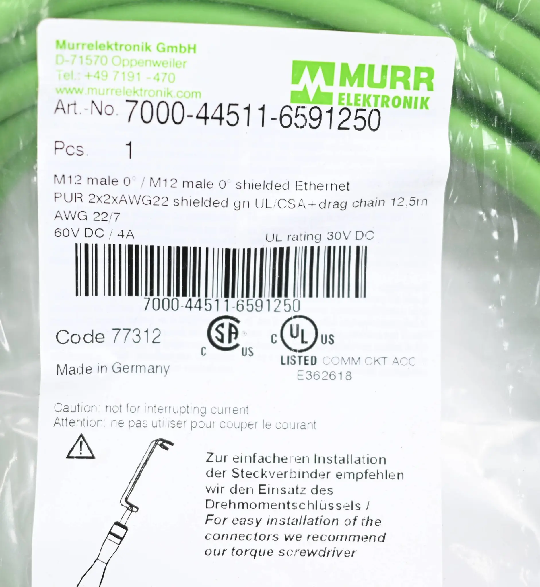 Produktfoto 1 von Murr PUR 1x4xAWG22 geschirmt gn UL/CSA+schleppk. 12,5m ( 7000-44511-6591250 )