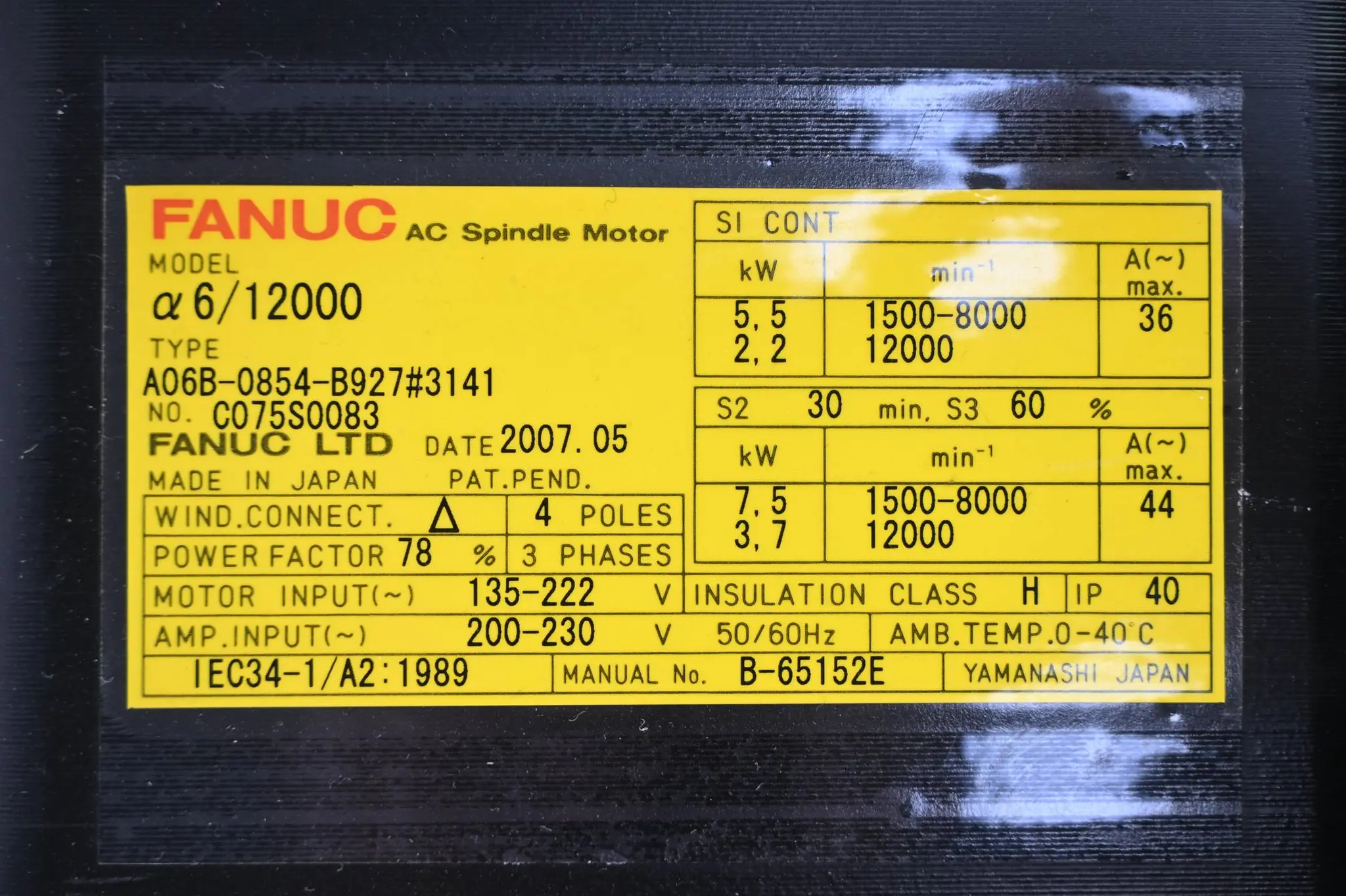 Produktfoto 1 von Fanuc AC-Spindelmotor A06B-0854-B927#3141