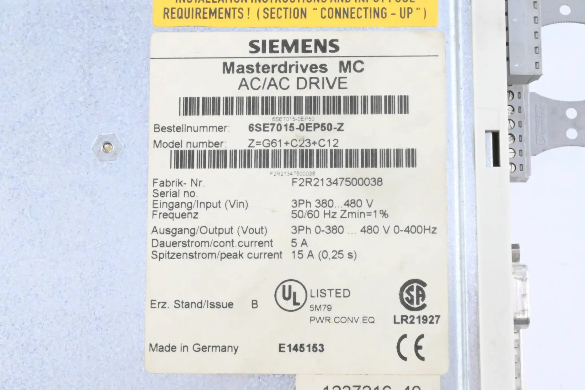 Produktfoto 1 von Siemens Masterdrives MC DC/AC Drive 6SE7015-0EP50-Z ( Z= G61 + C12 + C23 ) E.B