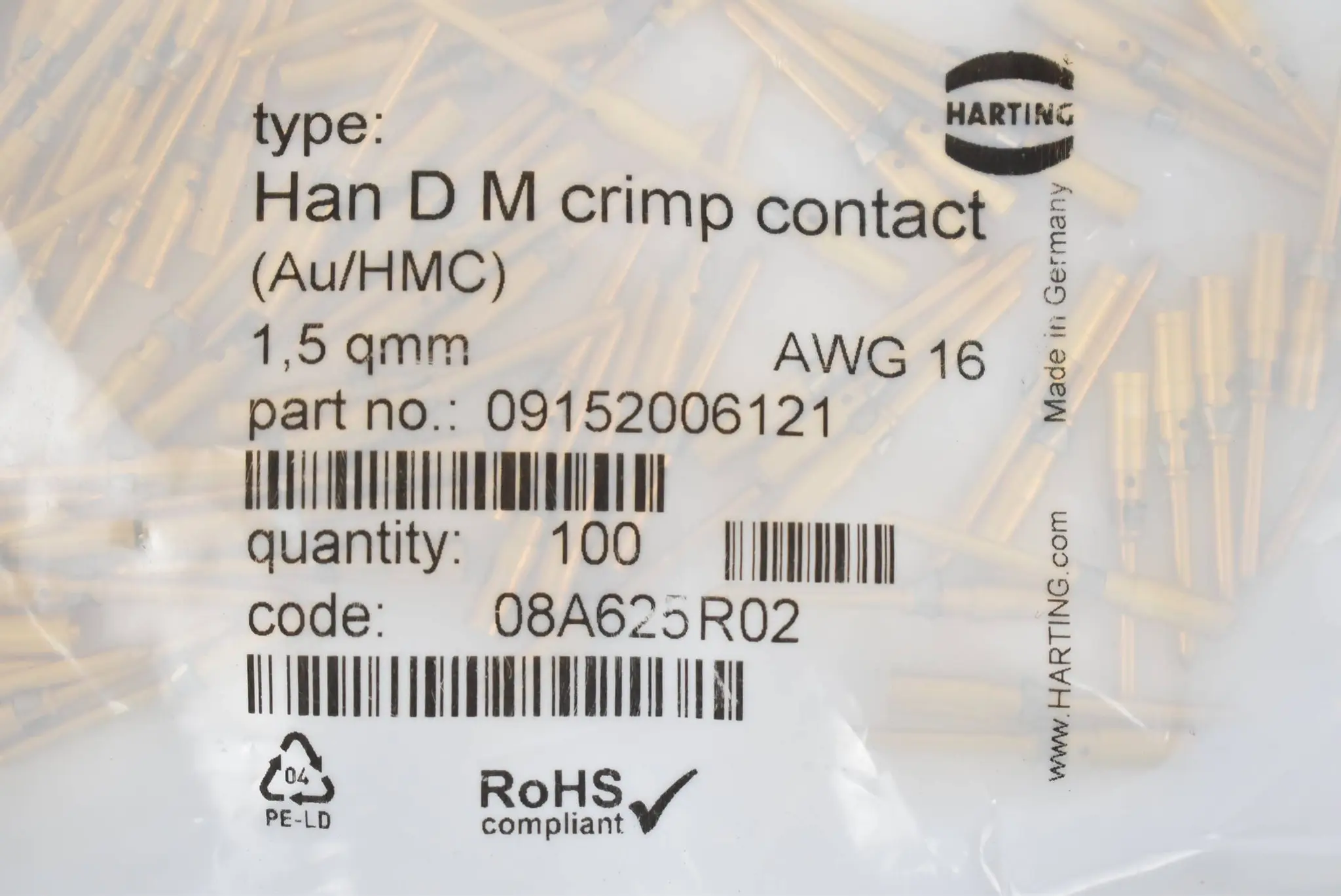 Produktfoto 1 von Harting Han D M crimp contact 09152006121 ( VE 100 Stück ) 1,5qmm / AWG 16