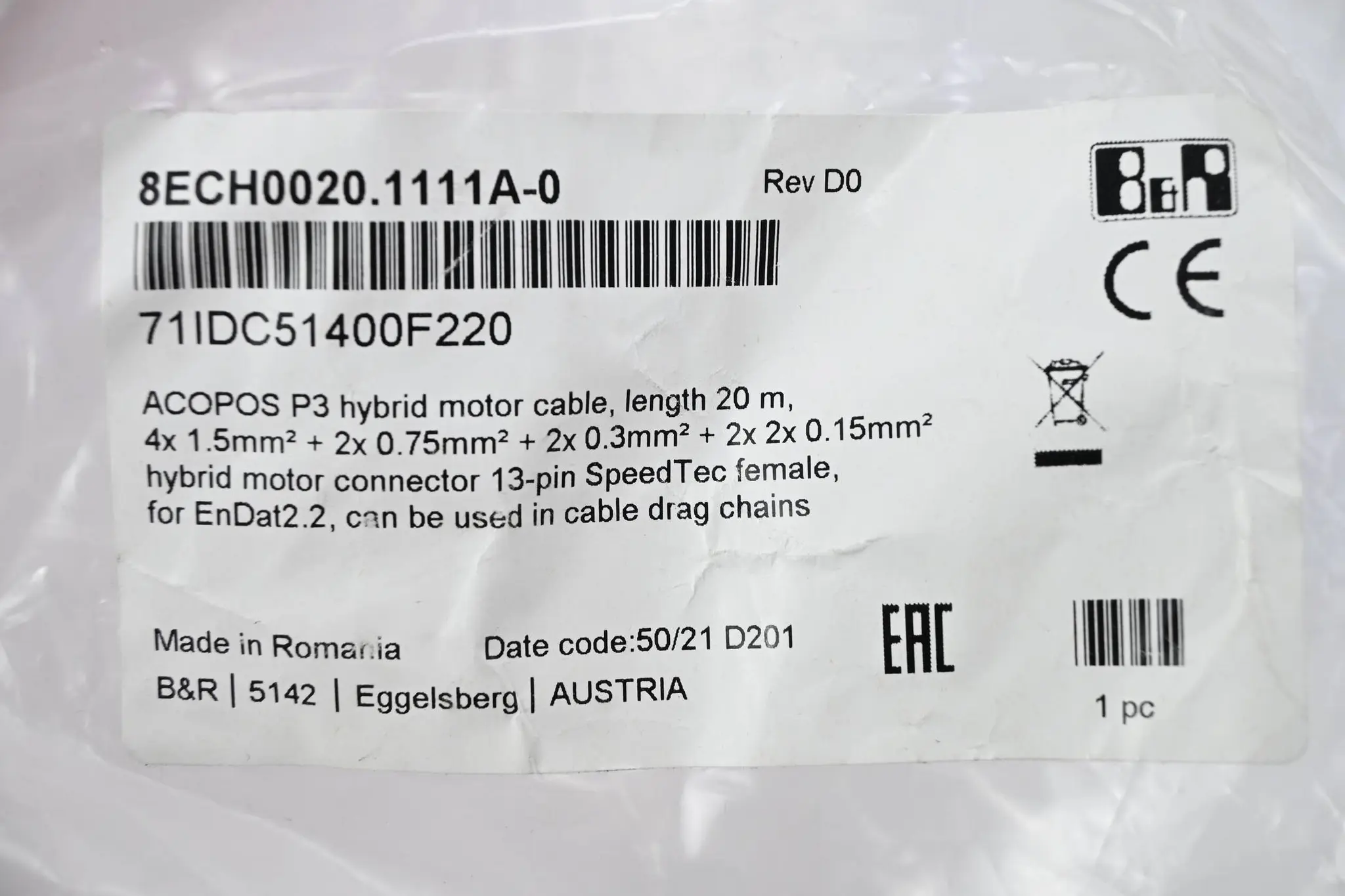 Produktfoto 1 von B&R Automation Acopos P3 Motorhybridkabel 20m 8ECH0020.1111A-0 Rev. D0