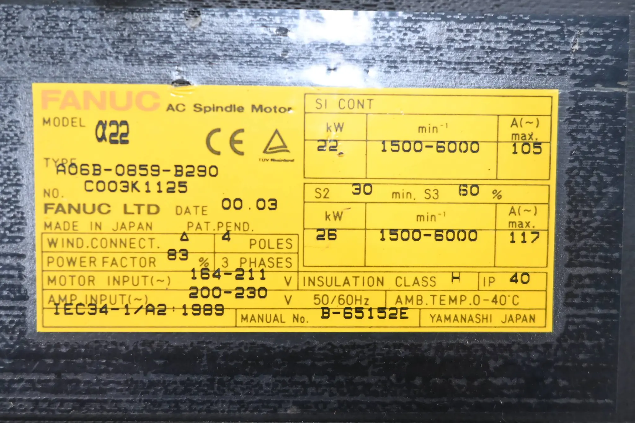 Produktfoto 1 von Fanuc AC Spindle Motor a22 A06B-0859-B290