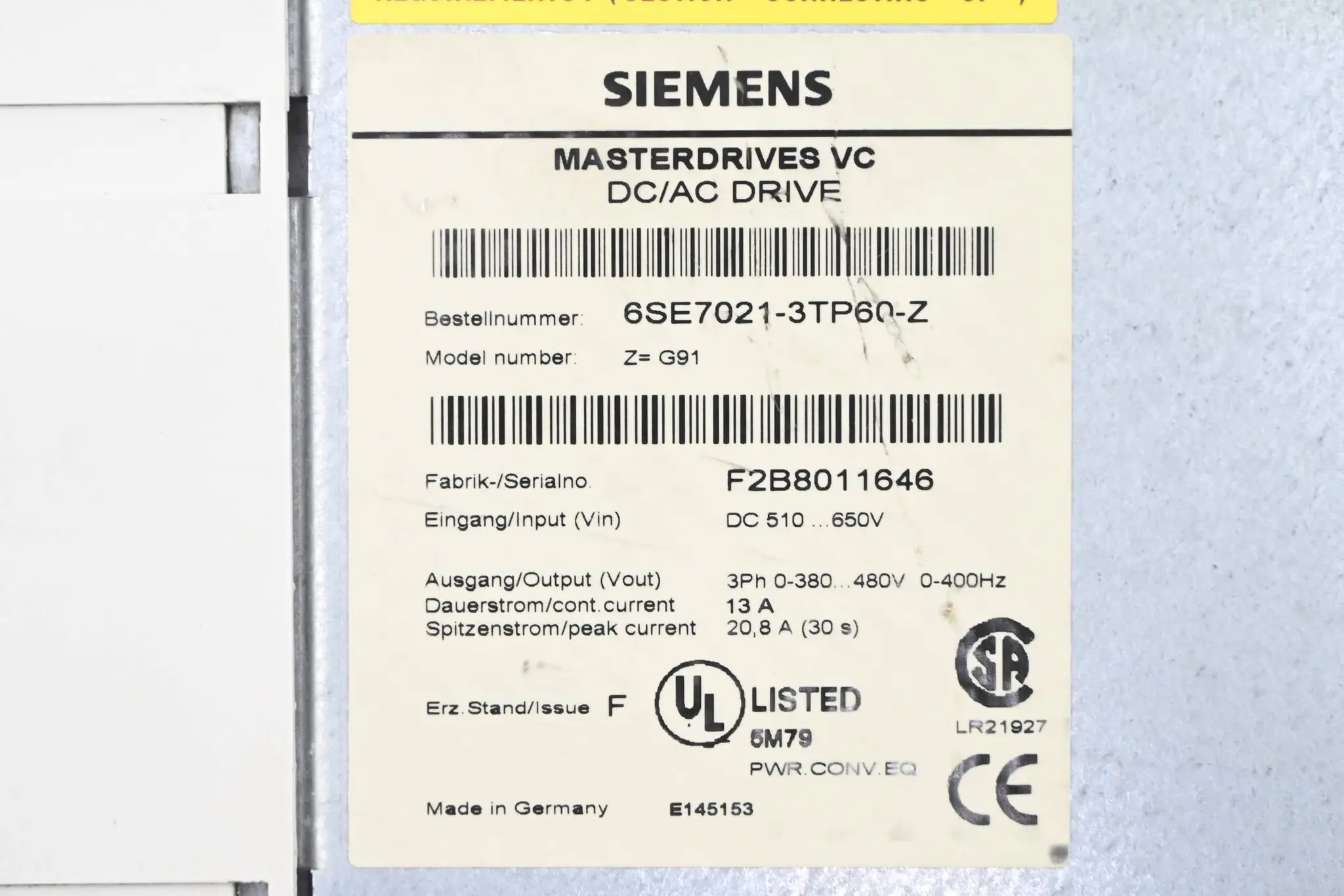 Produktfoto 1 von Siemens Masterdrives VC Frequenzumrichter 6SE7021-3TP60-Z ( Z= G91 ) E. F