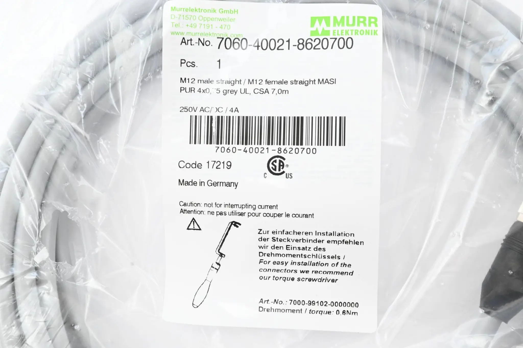 Produktfoto 1 von Murr Kabel M12 St. 0° / M12 Bu. 0° A-kod. ( 7060-40021-8620700 ) 7m