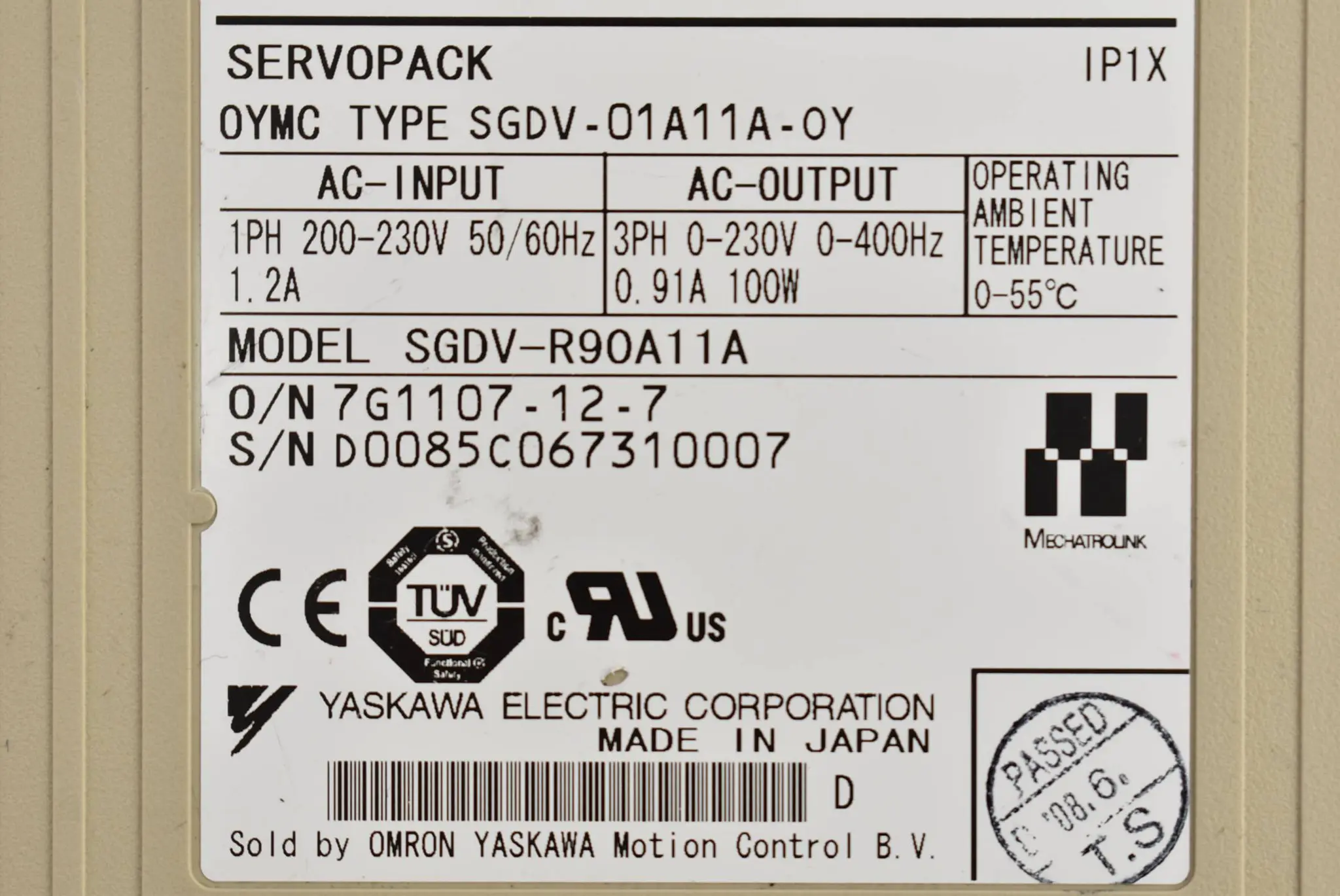Produktfoto 1 von Omron Servopack 200 V 50/60 Hz 1.2 A SGDV-01A11A-OY
