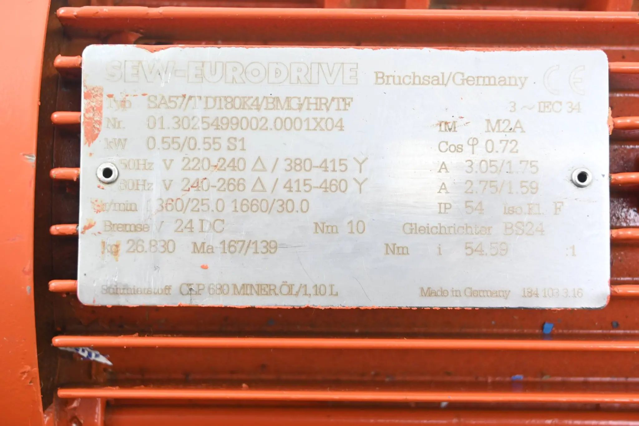 Produktfoto 1 von SEW Eurodrive Getriebemotor SA57/TDT80K4/BMG/HR/TF ( 50Hz 0,55kW 3,05/1,75A )