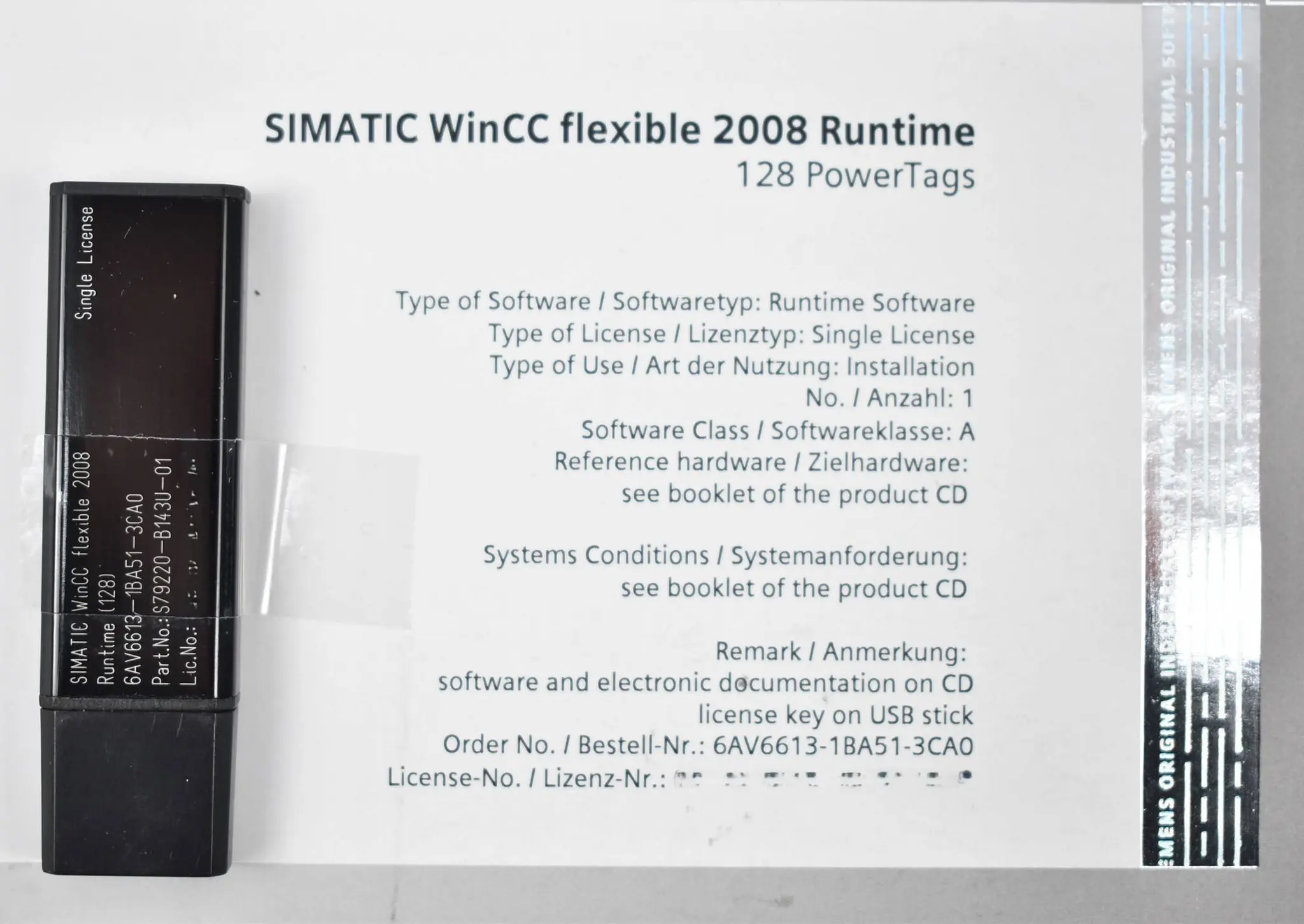 Produktfoto 1 von Siemens Simatic WinCC flex.2008 Runtime 6AV6613-1BA51-3CA0 / 6AV6 613-1BA51-3CA0