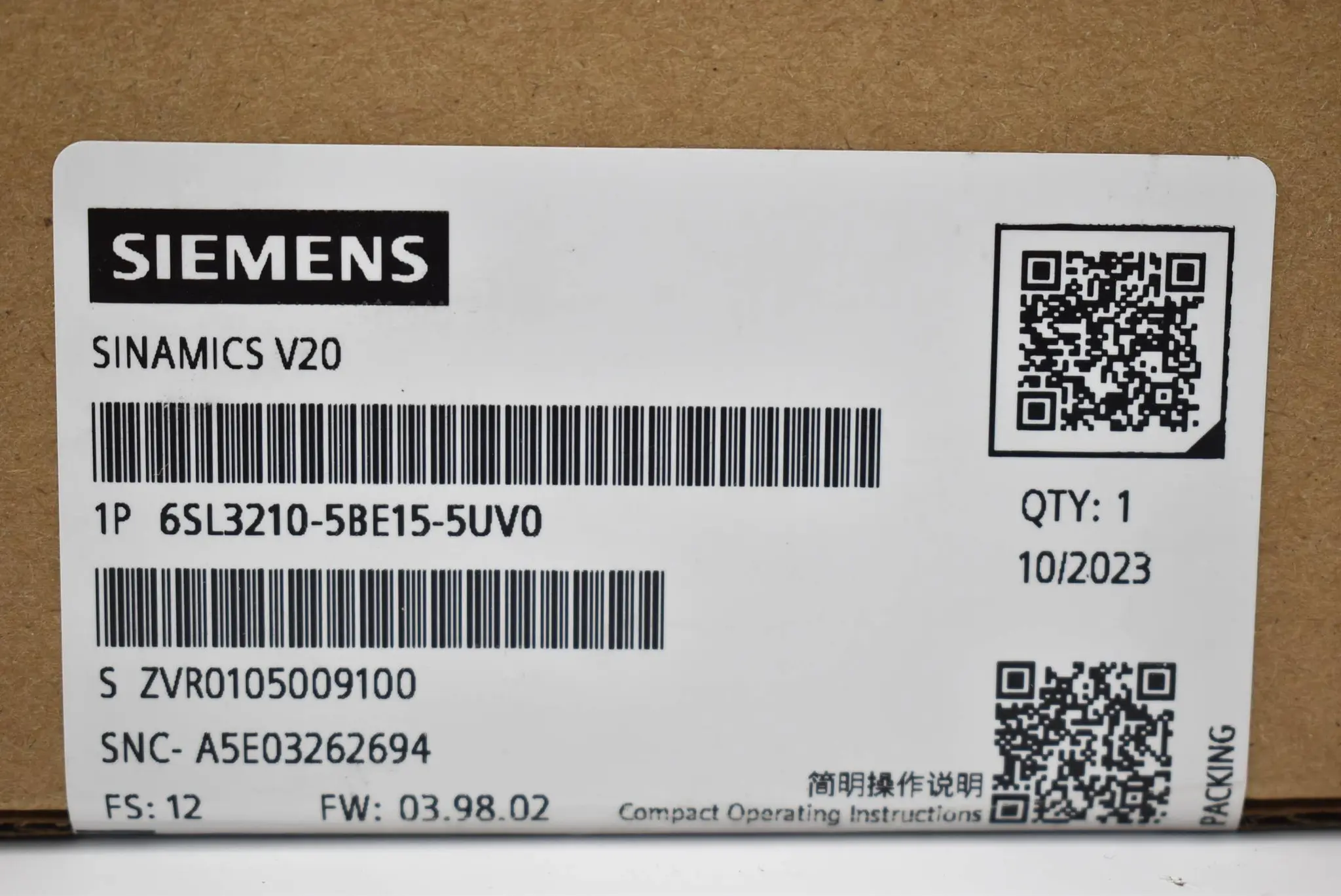 Produktfoto 1 von Siemens sinamics V20 6SL3 210-5BE15-5UV0 ( 6SL3210-5BE15-5UV0 )
