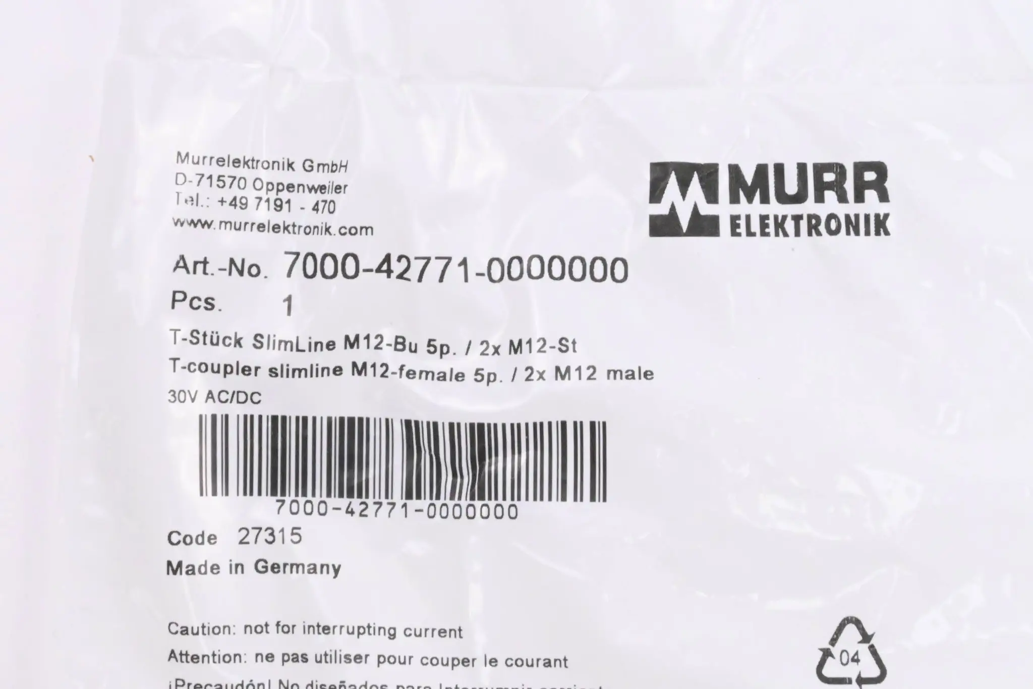 Produktfoto 1 von Murr Elektronik T-Stück SlimLine M12 / 2xM12 ( 7000-42771-0000000 )