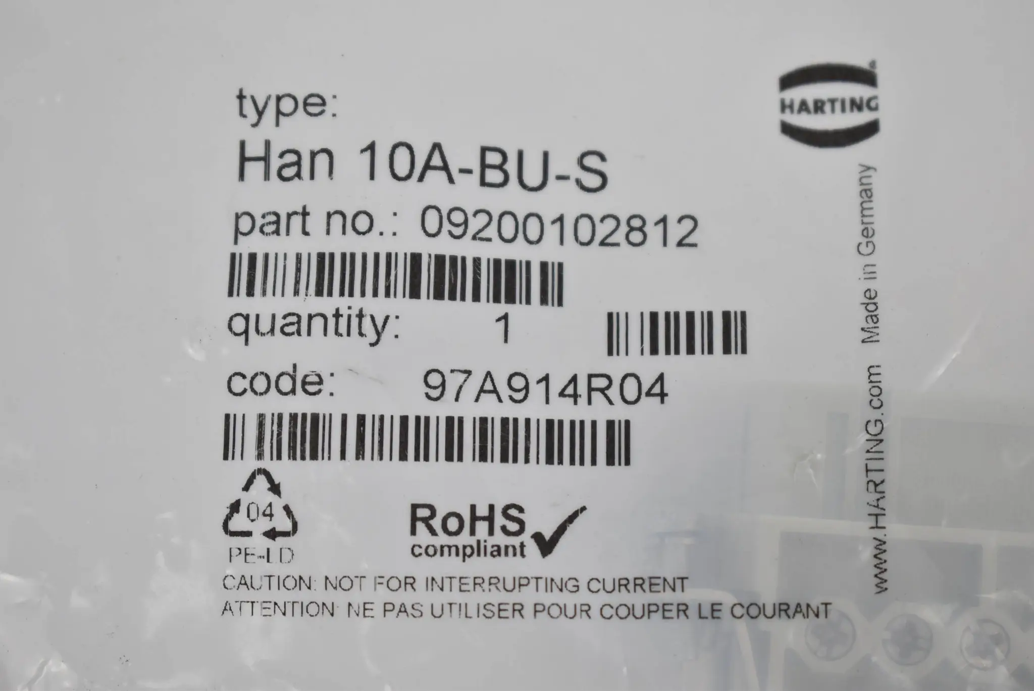 Produktfoto 1 von Harting Buchseneinsatz Han 10A-BU-S ( 09200102812 )