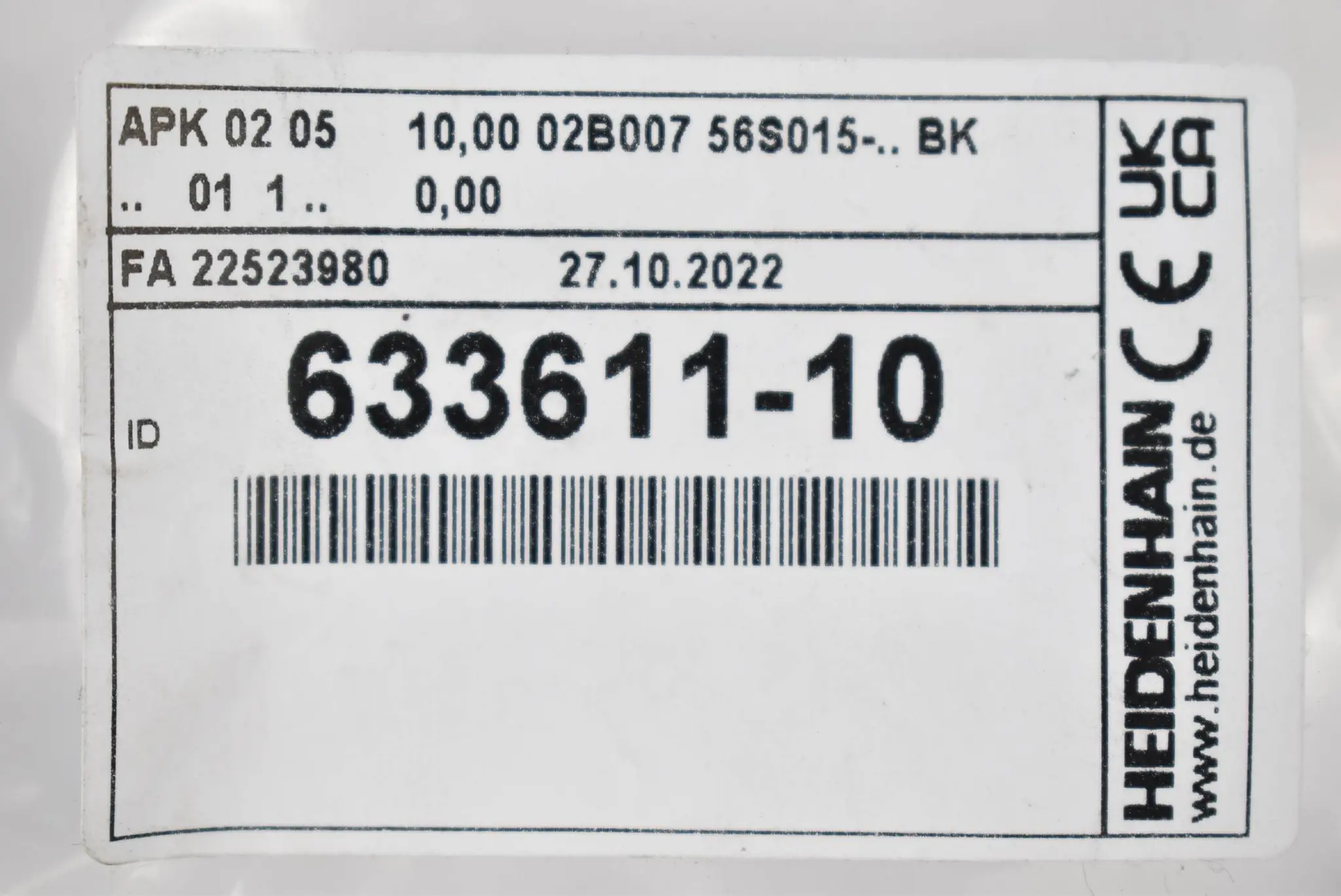 Produktfoto 1 von Heidenhain APK 02 05 10,00 02B007 56S015-.. BK .. 01 1 .. 0,00 ( 633611-10 )