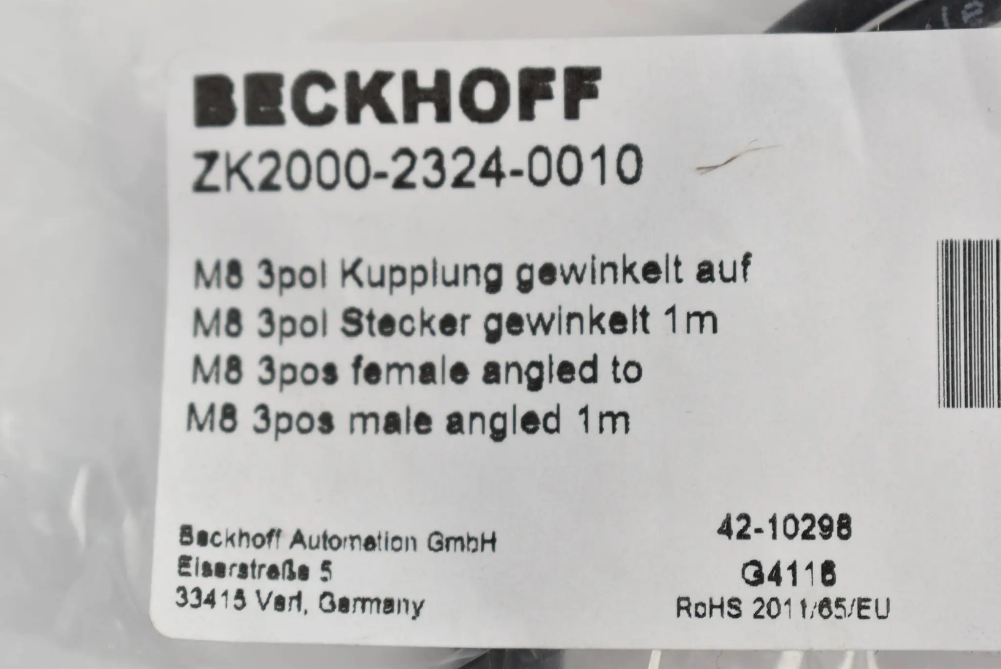 Produktfoto 1 von Beckhoff Sensorleitung PUR M8 3pol Kupplung 1 m ZK2000-2324-0010