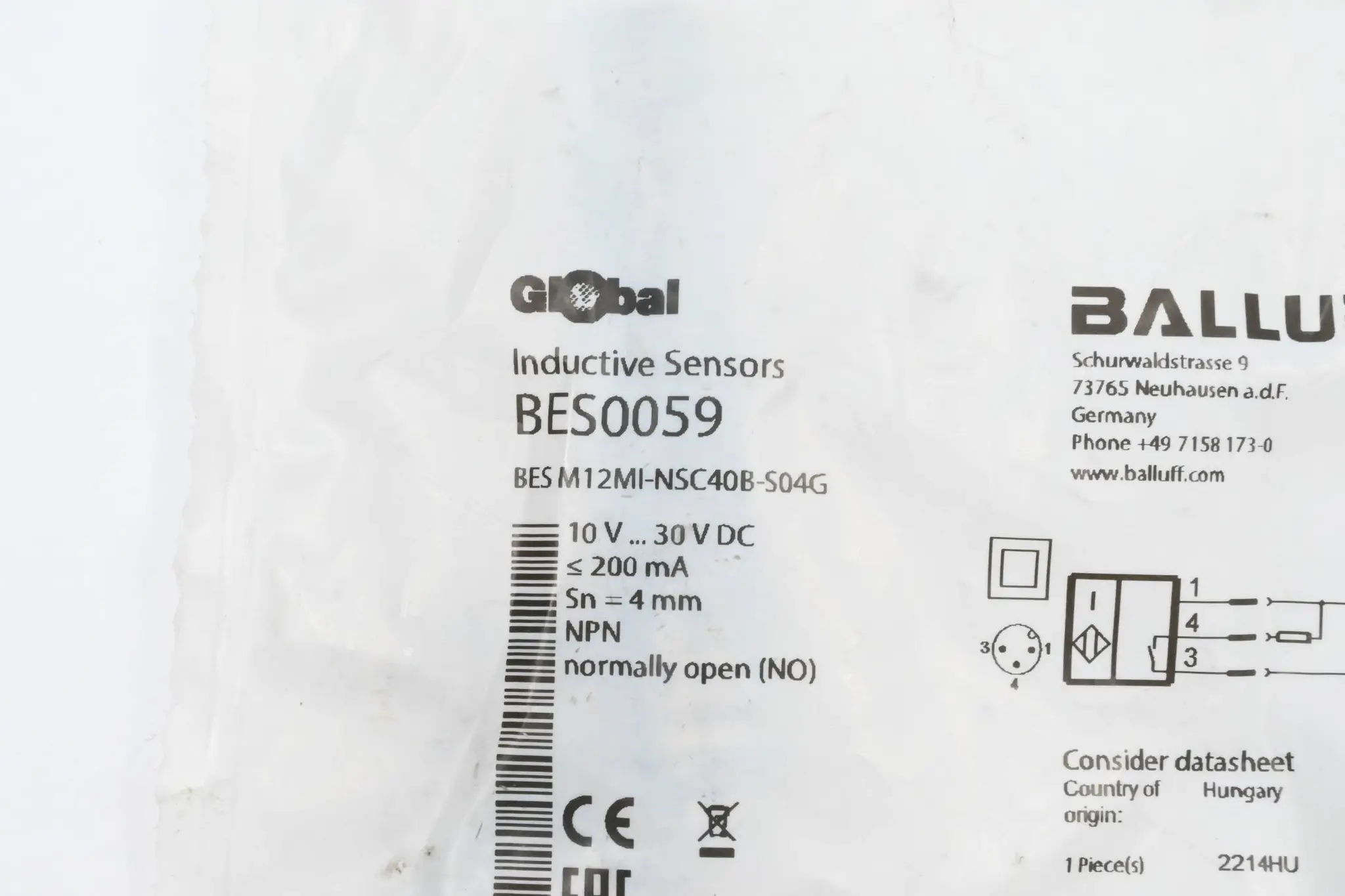 Produktfoto 1 von Balluff Induktiver Sensor BES0059 ( BES M12MI-NSC40B-S04G )