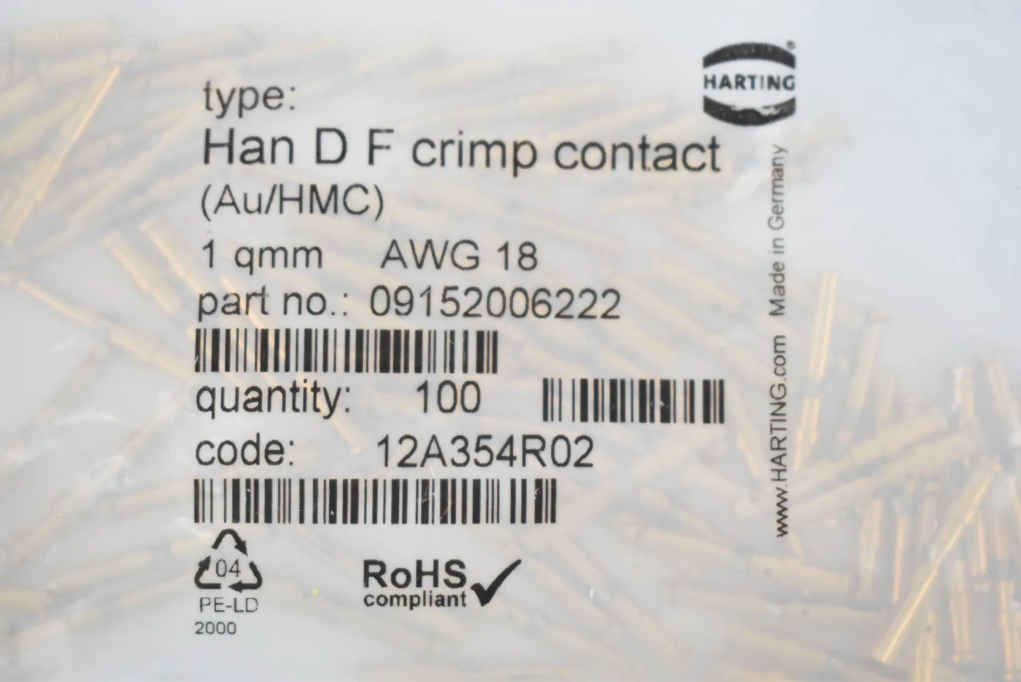 Produktfoto 1 von Harting Han D F crimp contact 09152006222 ( VE 100 Stück ) 1qmm AWG18