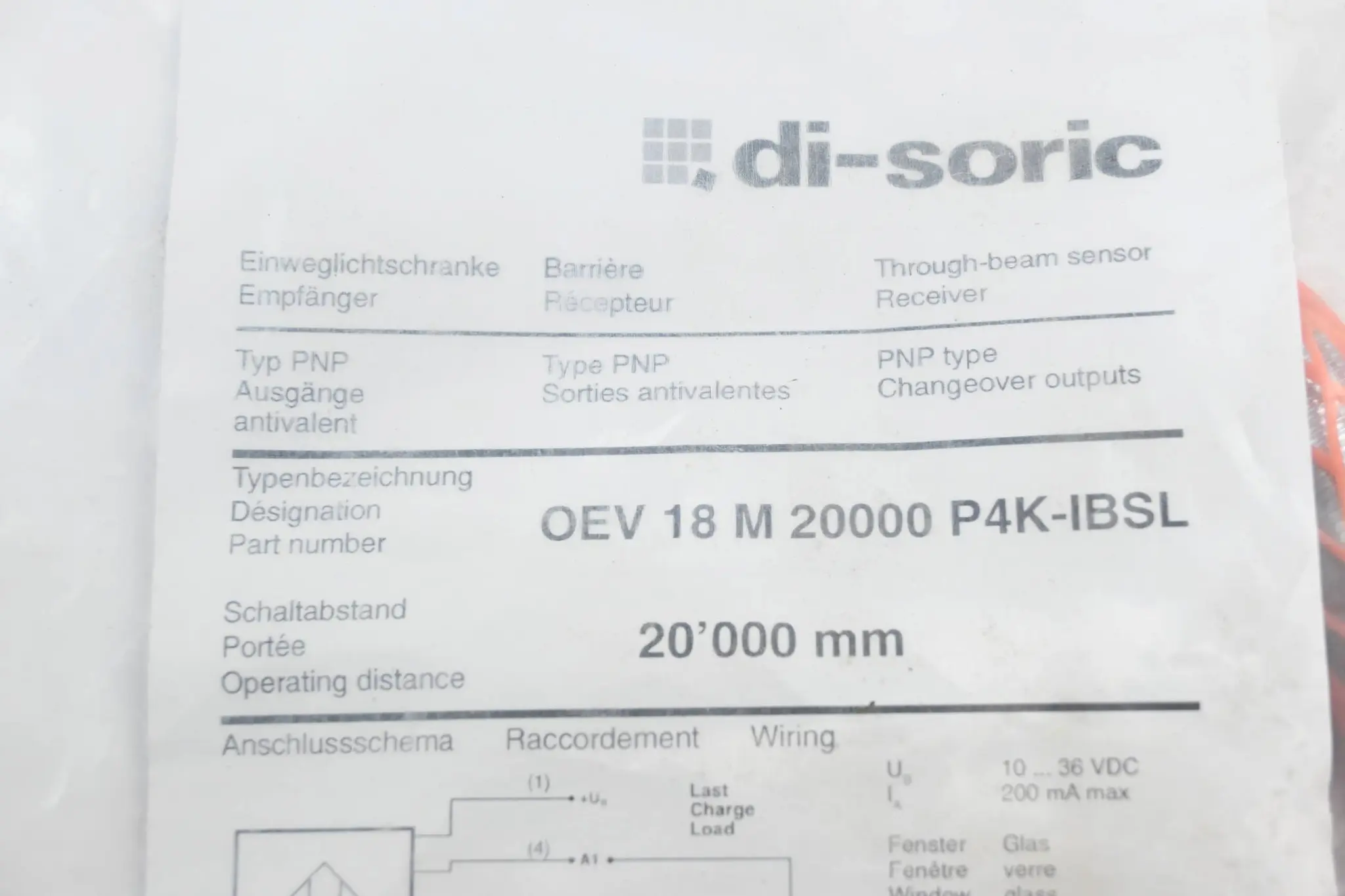 Produktfoto 1 von Di-Soric Einweglichtschranke OEV 18 M 20000 P4K-IBSL ( OEV18M20000P4K-IBSL )