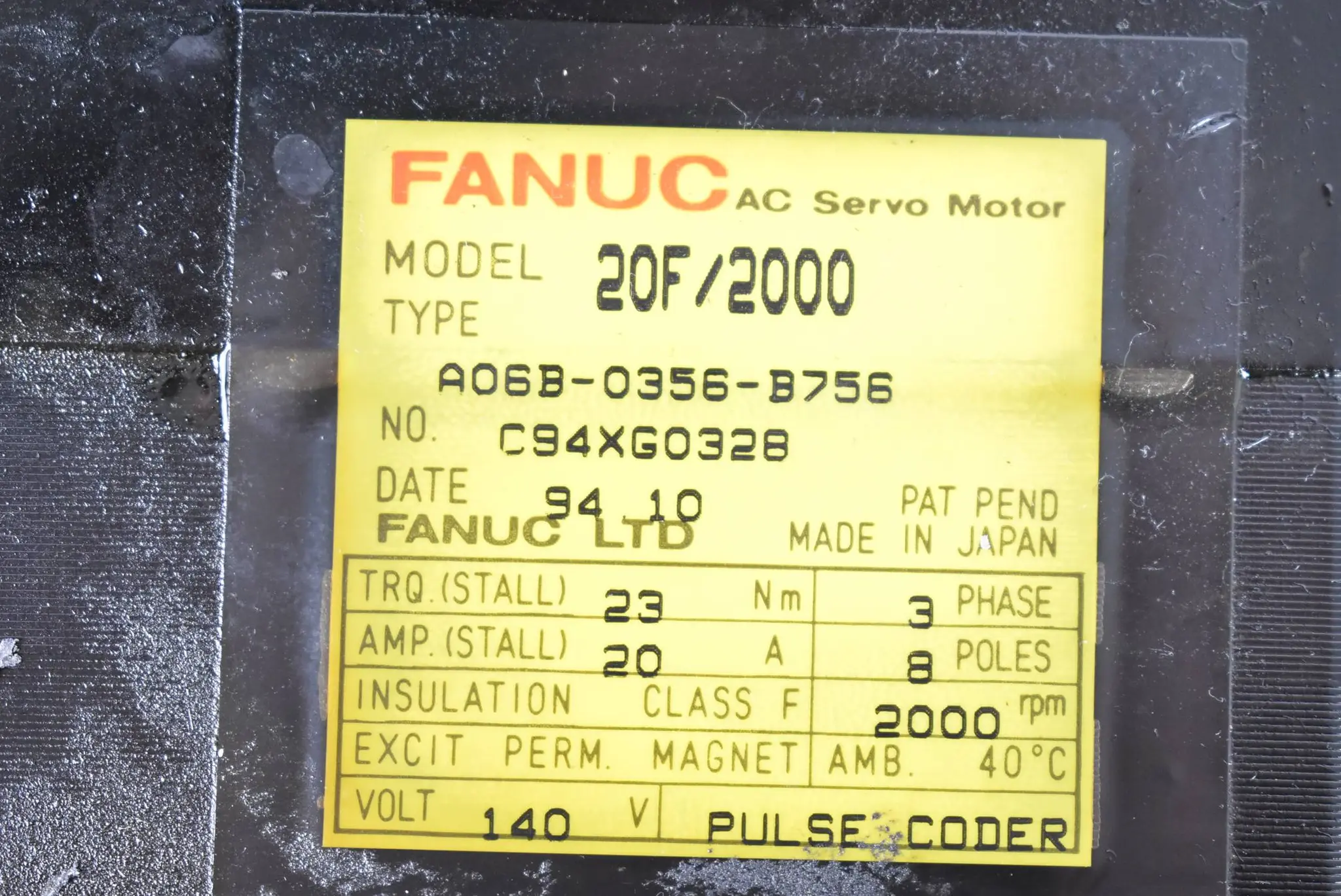 Produktfoto 1 von Fanuc LTD. AC Servo Motor 20F/2000 A06B-0356-B756