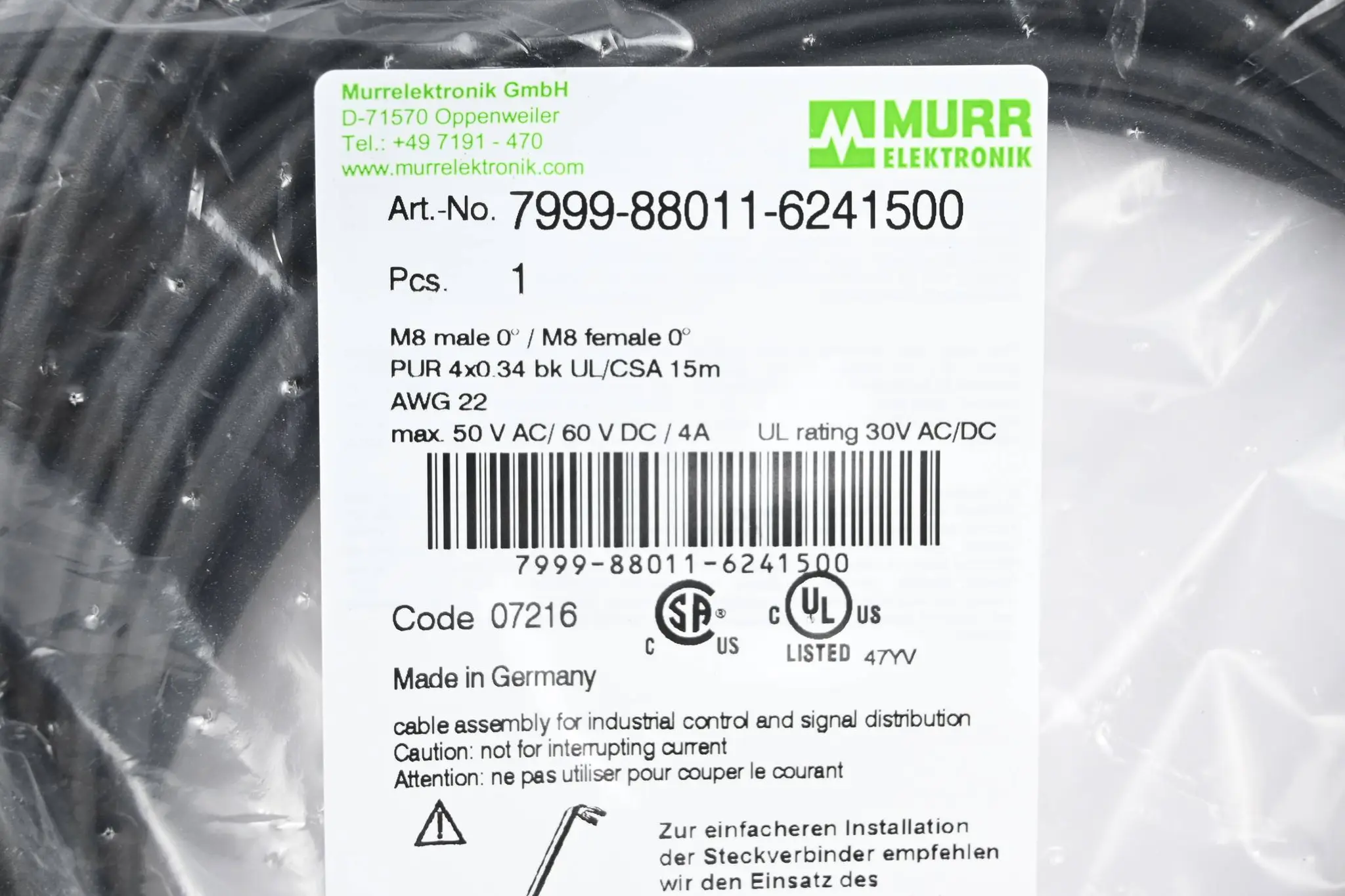 Produktfoto 1 von Murr Elektronik Kabel 7999-88011-6241500 ( 15,0m )
