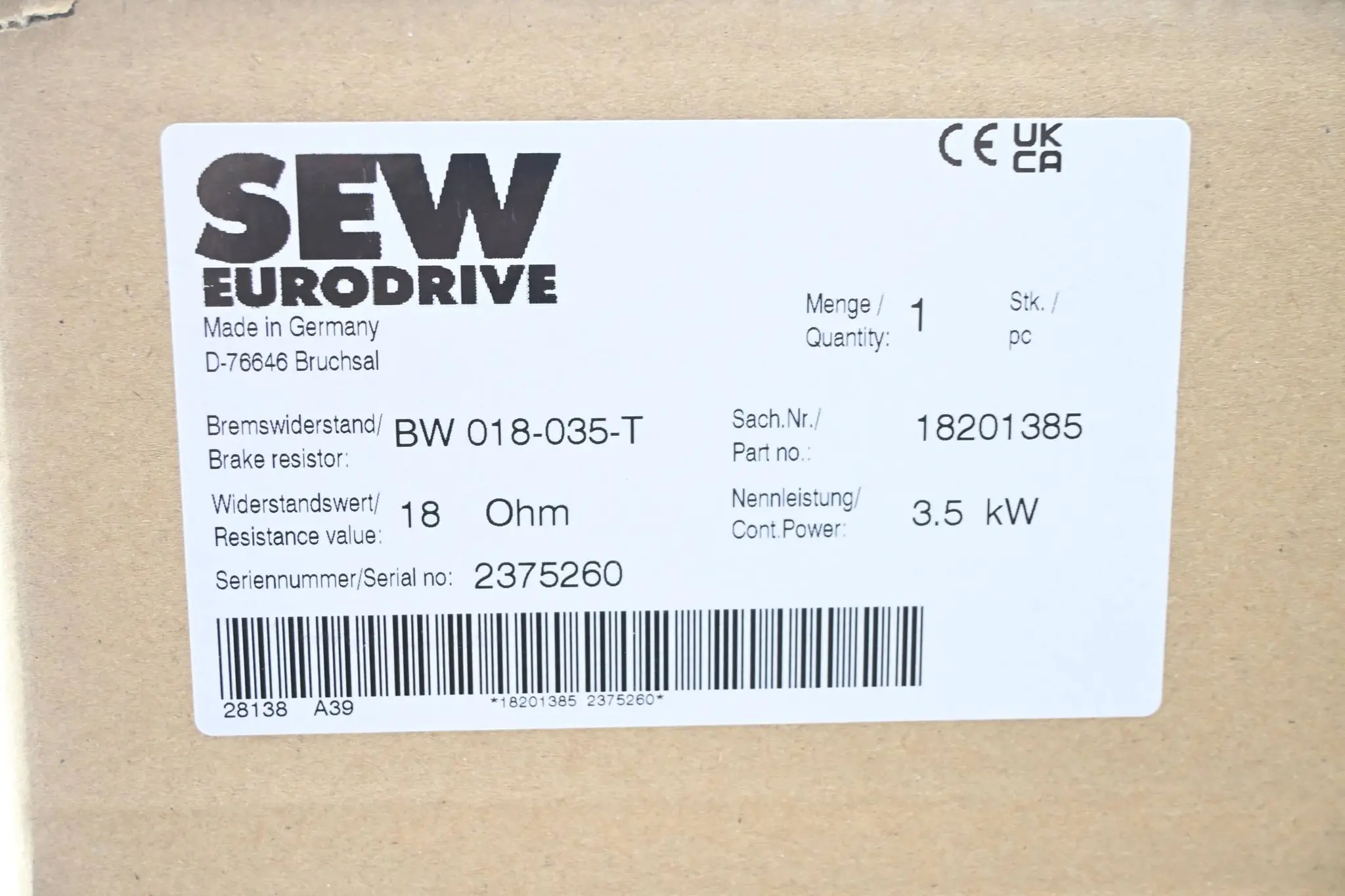 Produktfoto 1 von SEW-Eurodrive Bremswiderstand BW 018-035-T ( 18201385 )