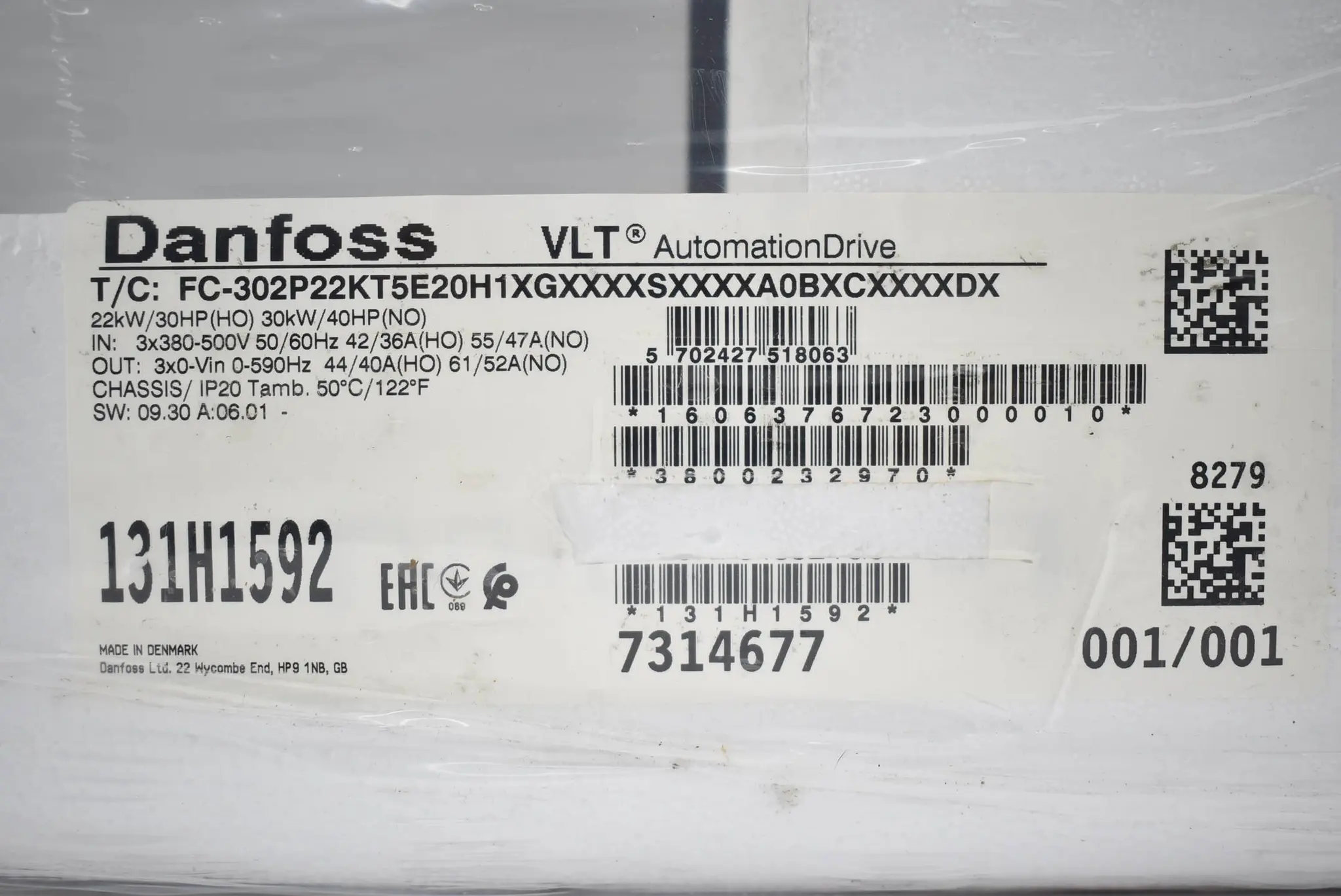 Produktfoto 1 von Danfoss Frequenzumrichter FC-302P22KT5E20H1XGXXXXSXXXXA0BXCXXXXDX ( 131H1592 )