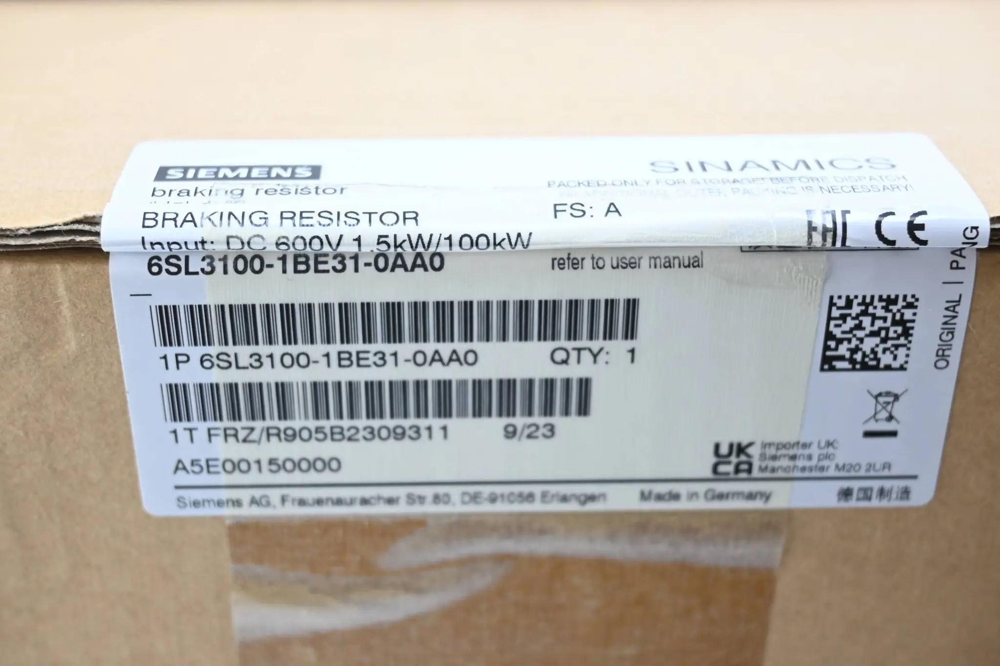 Produktfoto 1 von Siemens Sinamics Bremswiderstand 6SL3100-1BE31-0AA0 ( 6SL3 100-1BE31-0AA0 ) E. A