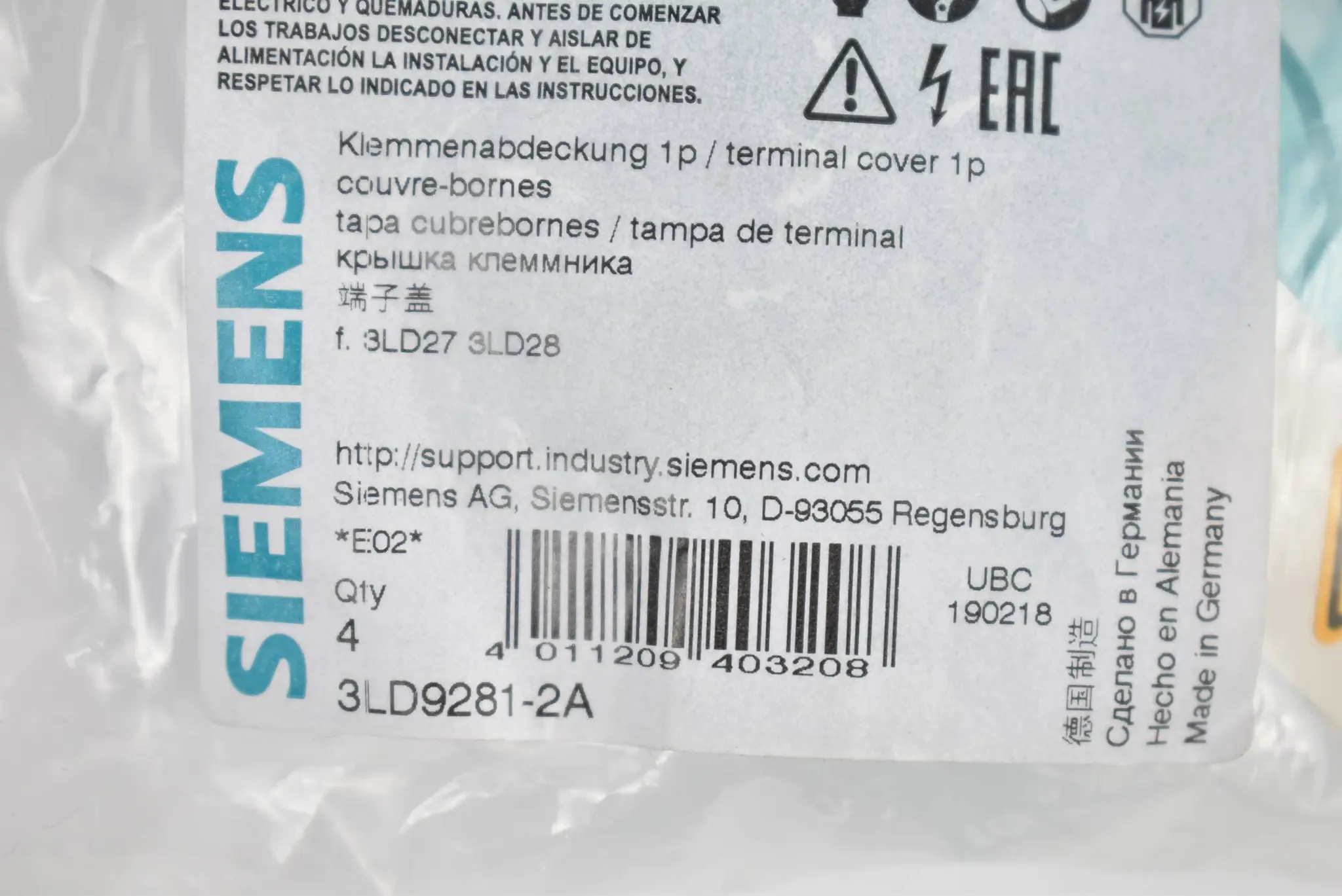 Produktfoto 1 von Siemens Klemmenabdeckung 1-polig 3LD9281-2A ( 3LD9 281-2A )