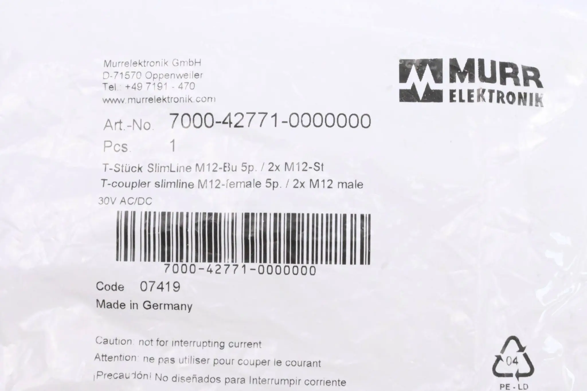 Produktfoto 1 von Murr Elektronik T-Stück SlimLine M12 / 2xM12 ( 7000-42771-0000000 )