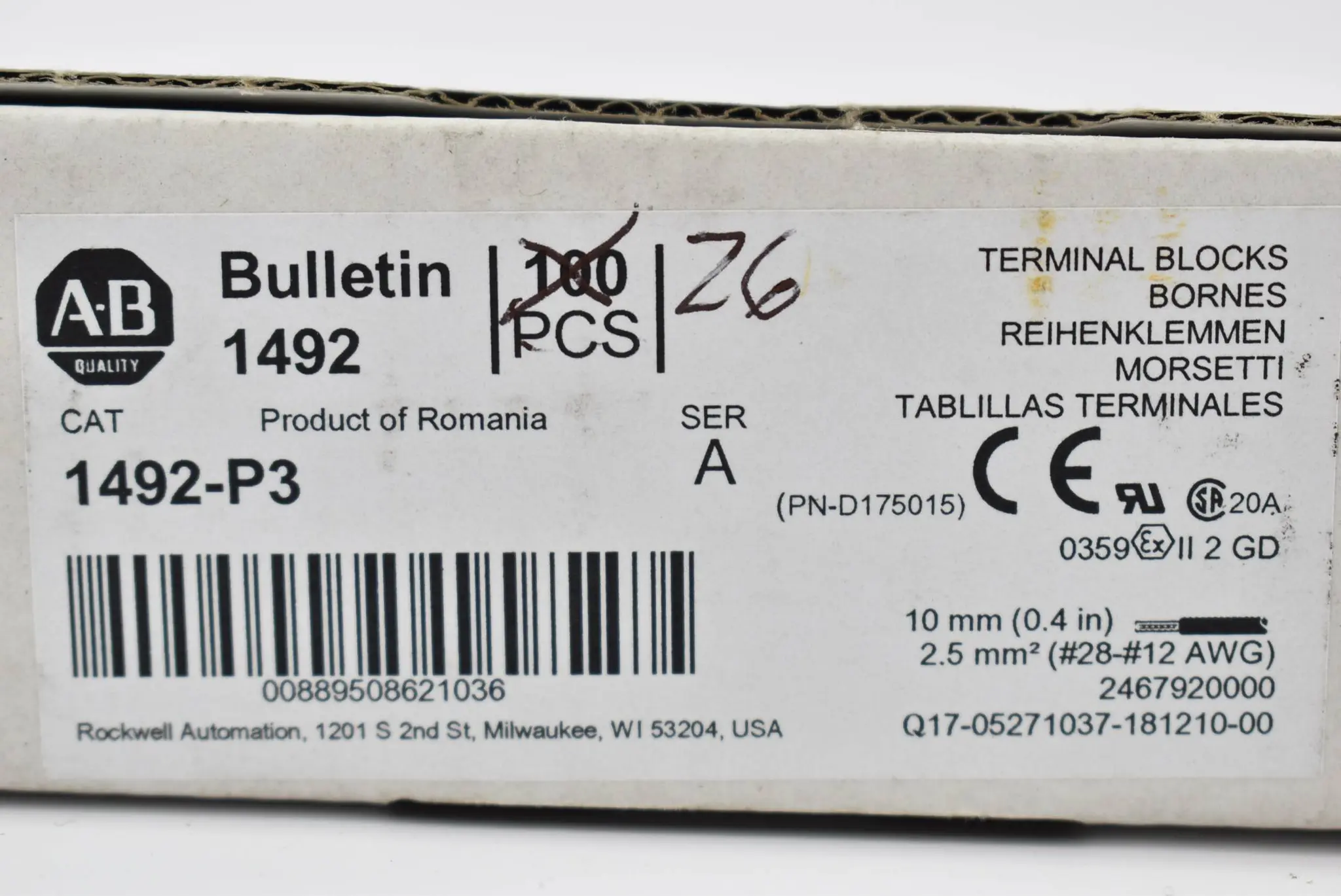 Produktfoto 1 von Allen-Bradley IEC-Durchgangs-Pushi-in-Klemmblock 26 Stück 1492-P3