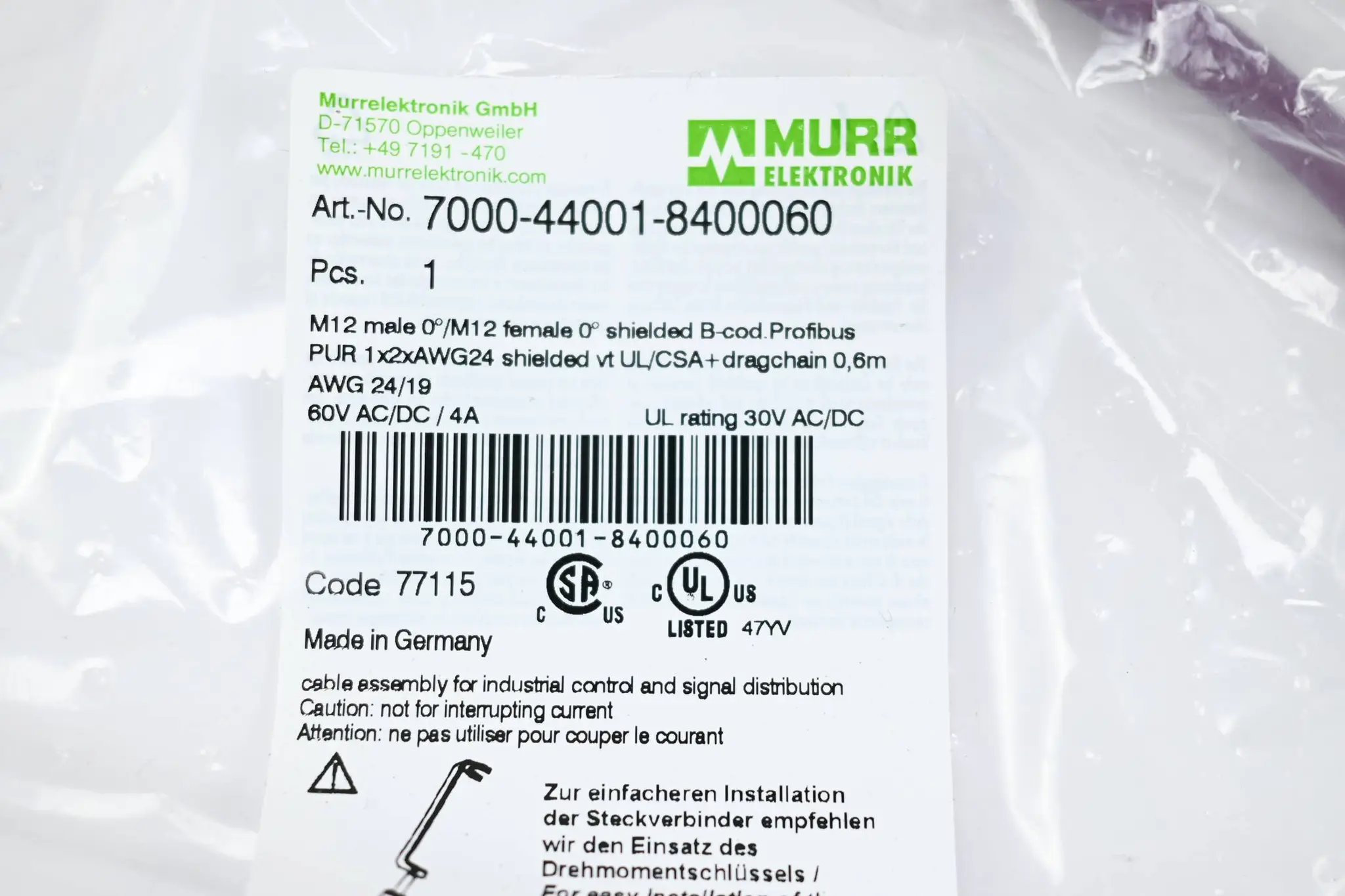 Produktfoto 1 von Murr PUR 1x2xAWG24 geschirmt vt UL/CSA+schleppk. 0,6m ( 7000-44001-8400060 )