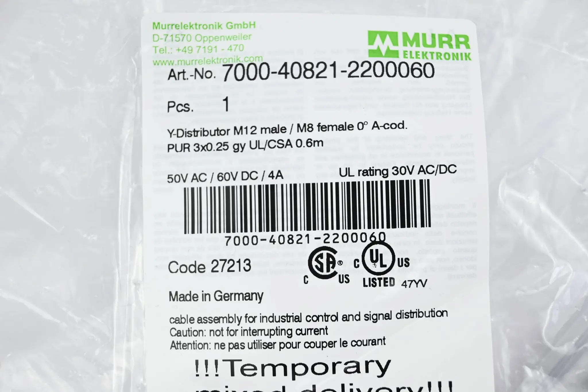 Produktfoto 1 von Murr Elektronik Y-Verteiler M12 - M8 ( 7000-40821-2200060 )