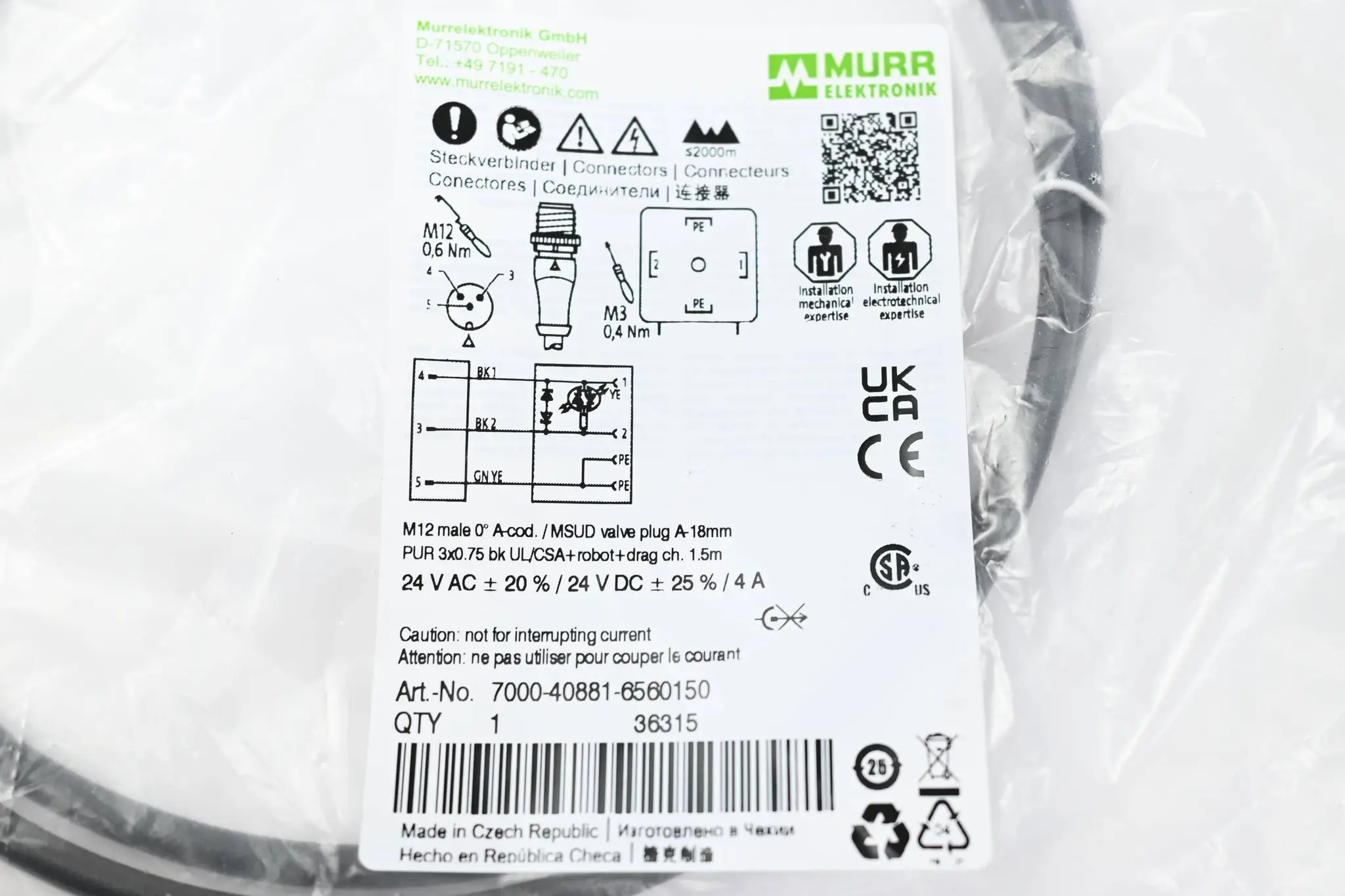 Produktfoto 1 von Murr Elektronik PUR 3x0.75 sw UL/CSA+robot+schleppk. 1,5m ( 7000-40881-6560150 )