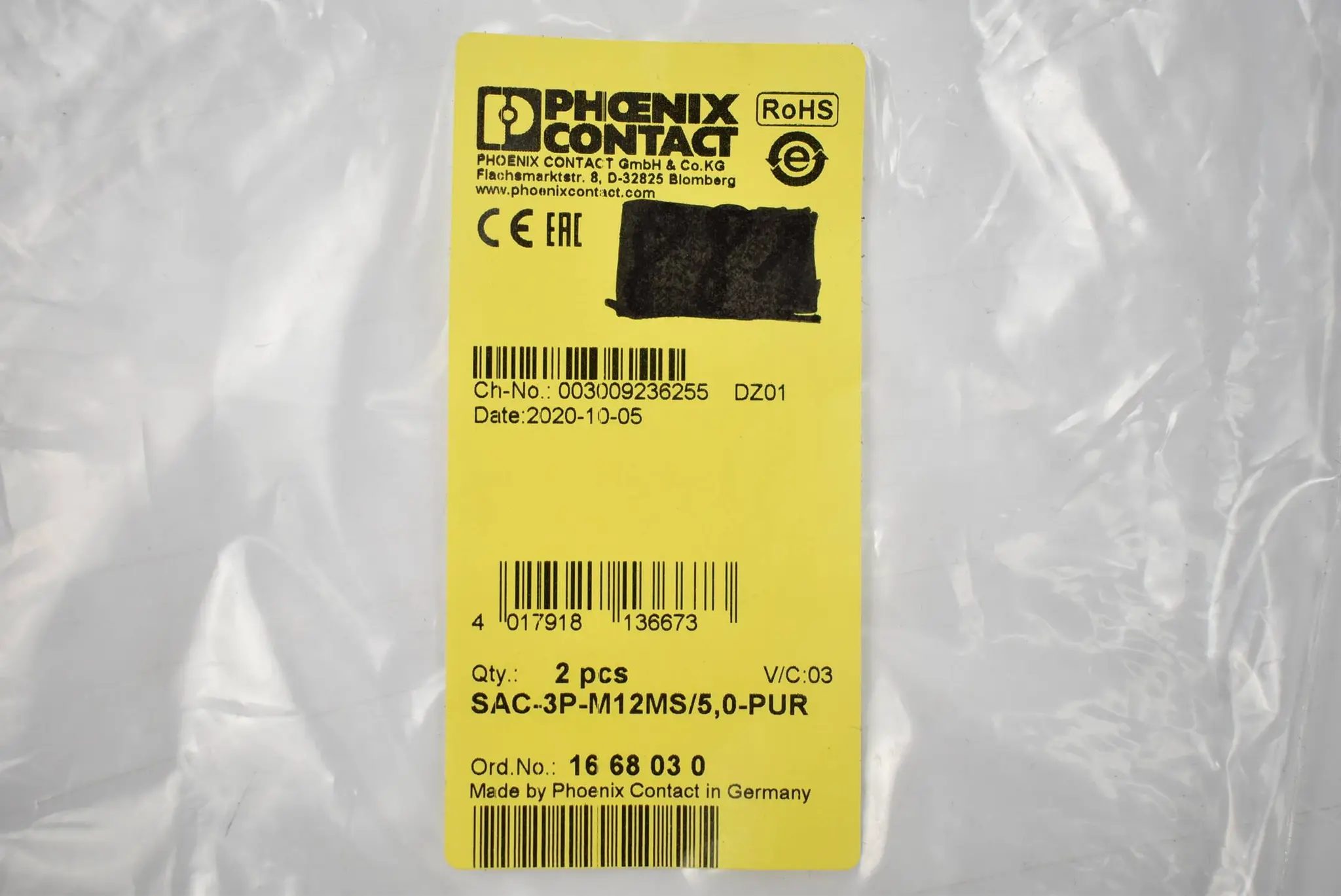 Produktfoto 1 von Phoenix Contact Sensor-/Aktor-Kabel SAC-3P-M12MS/5,0-PUR ( 1668030 ) VE 2 Stück