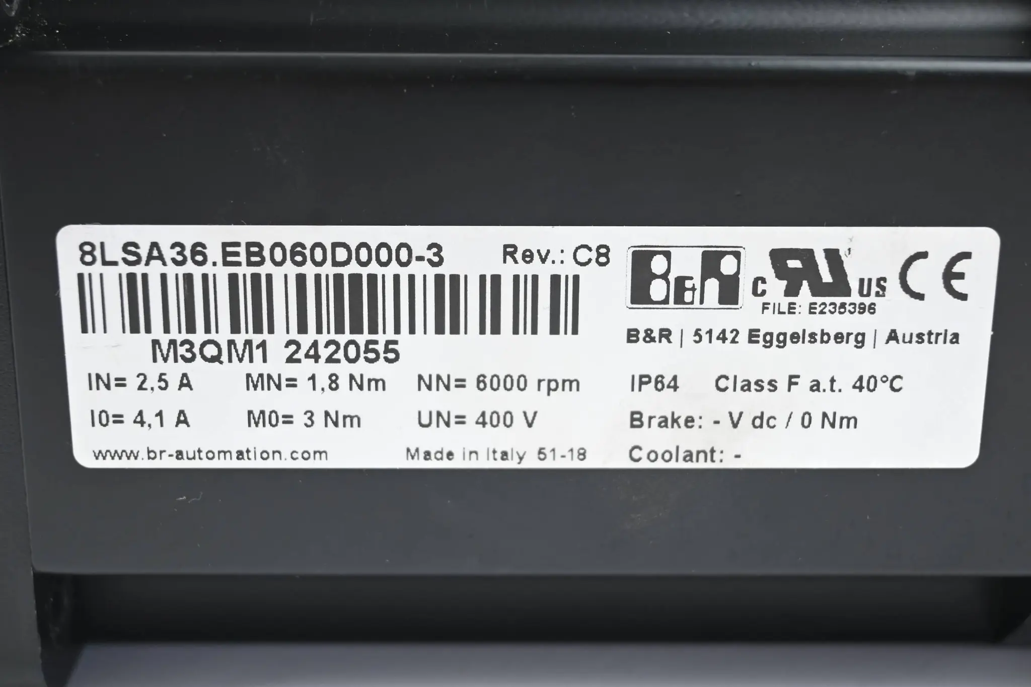 Produktfoto 1 von B&R Automation Servomotor 8LSA36.EB060D000-3 Rev. C8