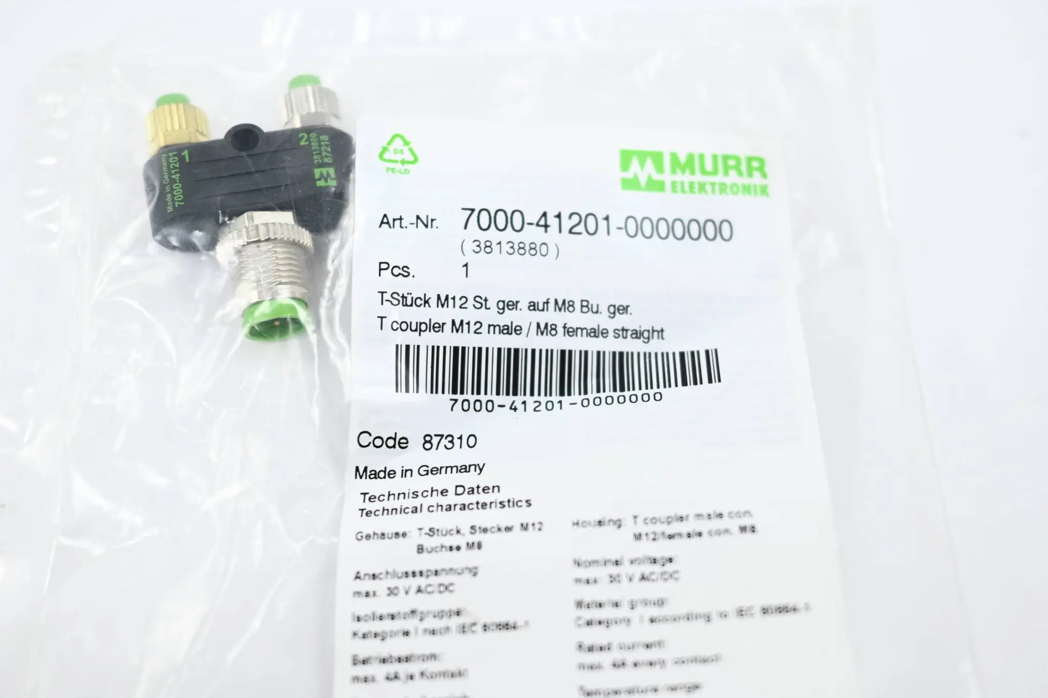 Produktfoto 1 von Murr Elektronik T-Stück M12 St. / 2x M8 Bu. A-kod. 7000-41201-0000000