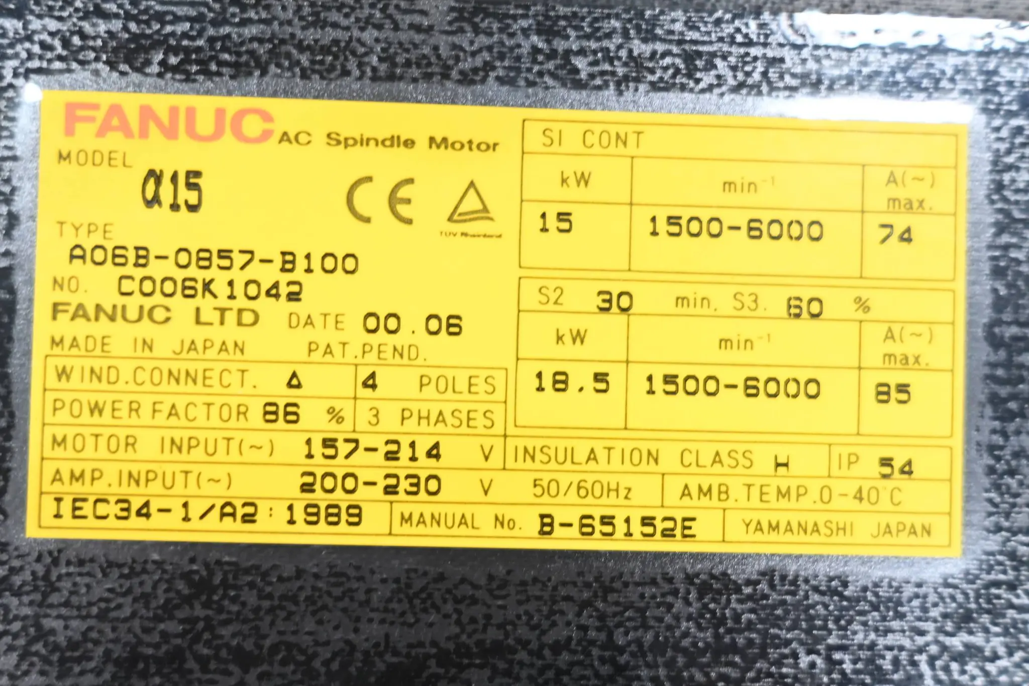 Produktfoto 1 von Fanuc AC Spindle Motor a15 A06B-0857-B100