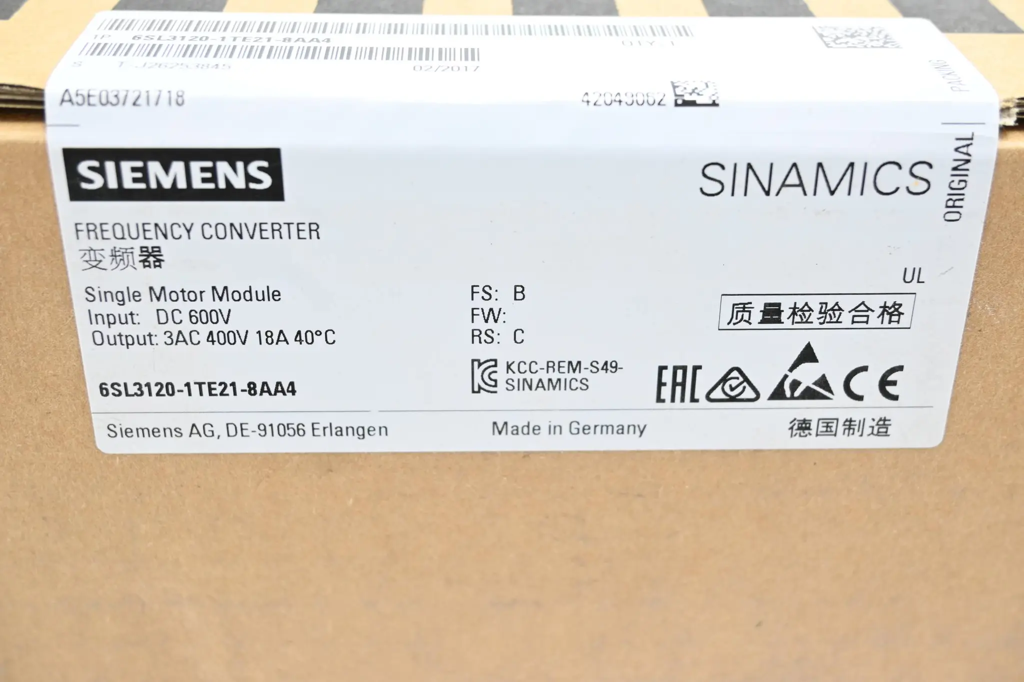Produktfoto 1 von Siemens Sinamics Single Motor Modul 6SL3120-1TE21-8AA4 ( 6SL3 120-1TE21-8AA4 ) B