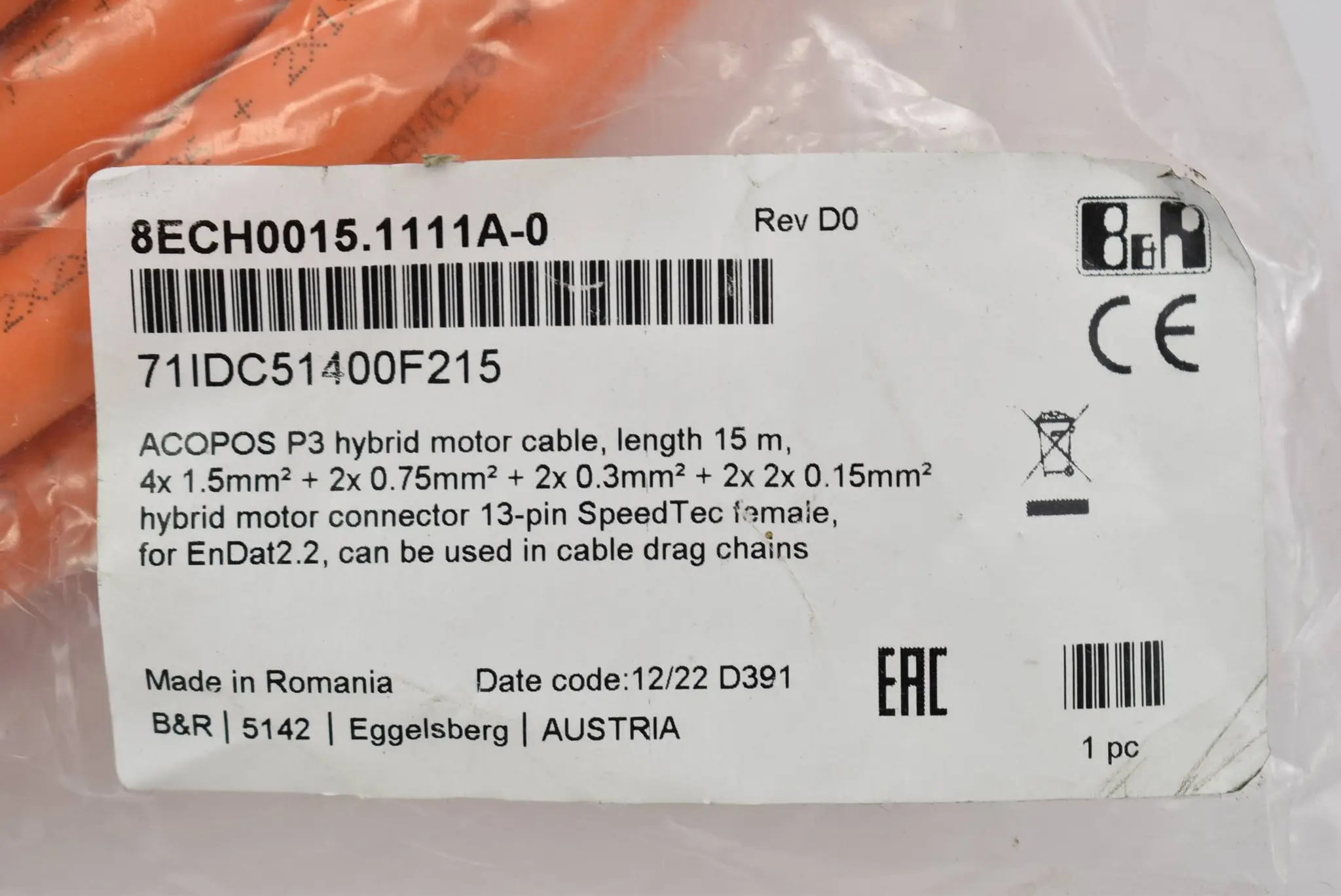 Produktfoto 1 von B&R automation Acopos P3 Motorhybridkabel 15m 8ECH0015.1111A-0 Rev. D0