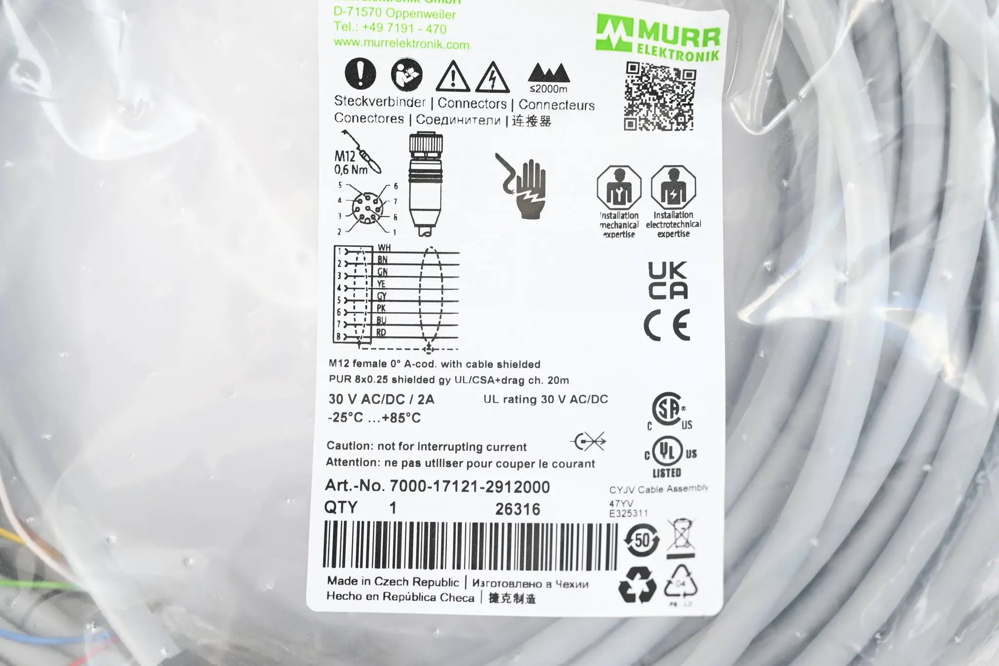 Produktfoto 1 von Murr Elektronik M12 Bu. 0° A-kod. freies Ltg-ende geschirmt 7000-17121-2912000