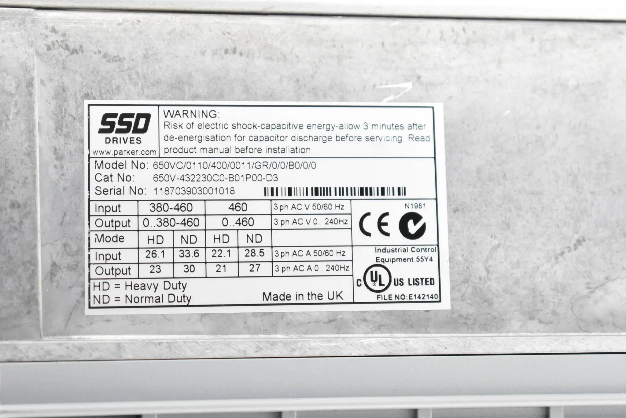 Produktfoto 1 von Parker 650 Series 650VC/0110/400/0011/GR/0/0/B0/0/0 ( 650V-432230C0-B01P00-D3 )