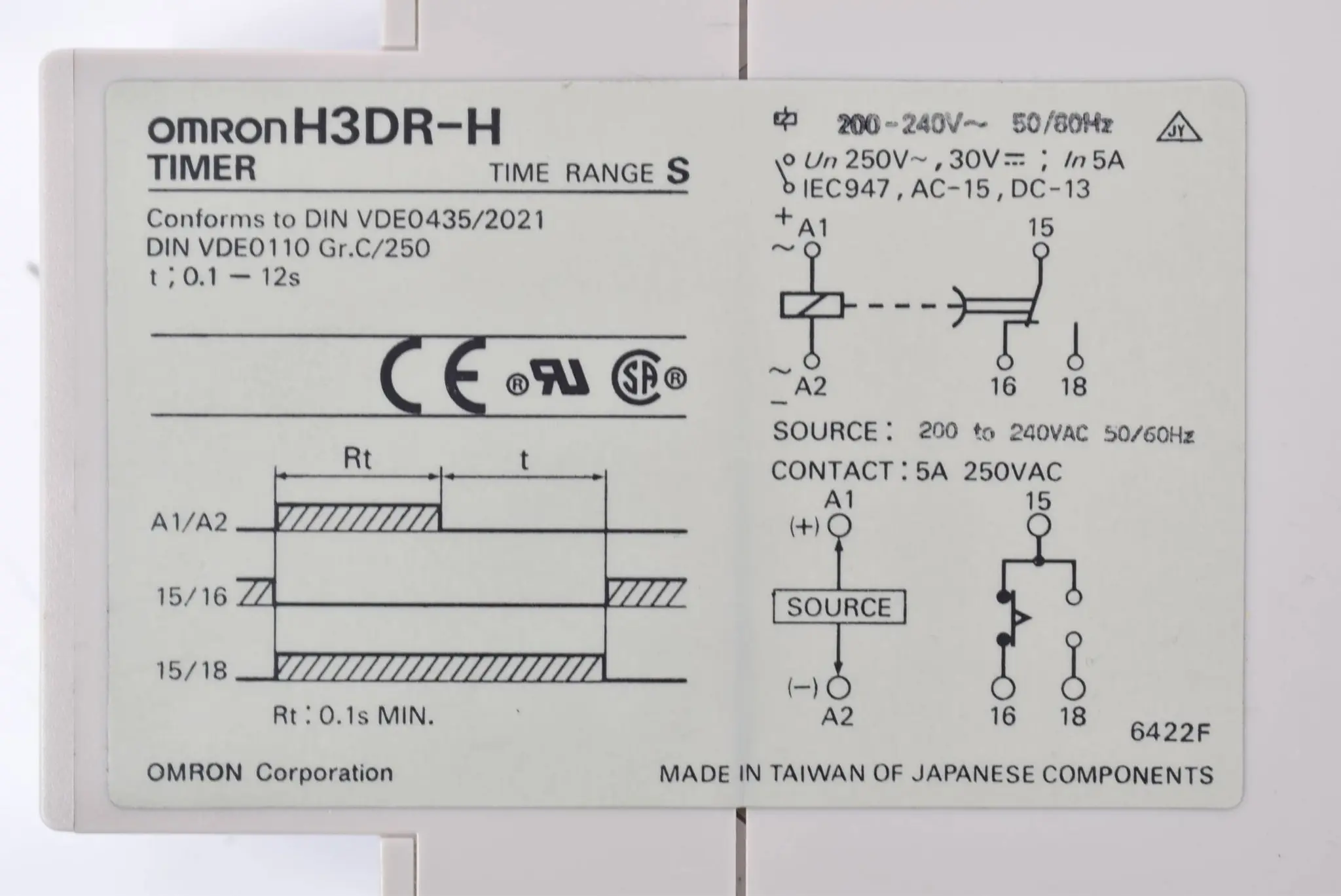 Produktfoto 1 von Omron Ausschalt-Verzögerung Timer 0,1-12s 200-240V 50/60Hz H3DR-H