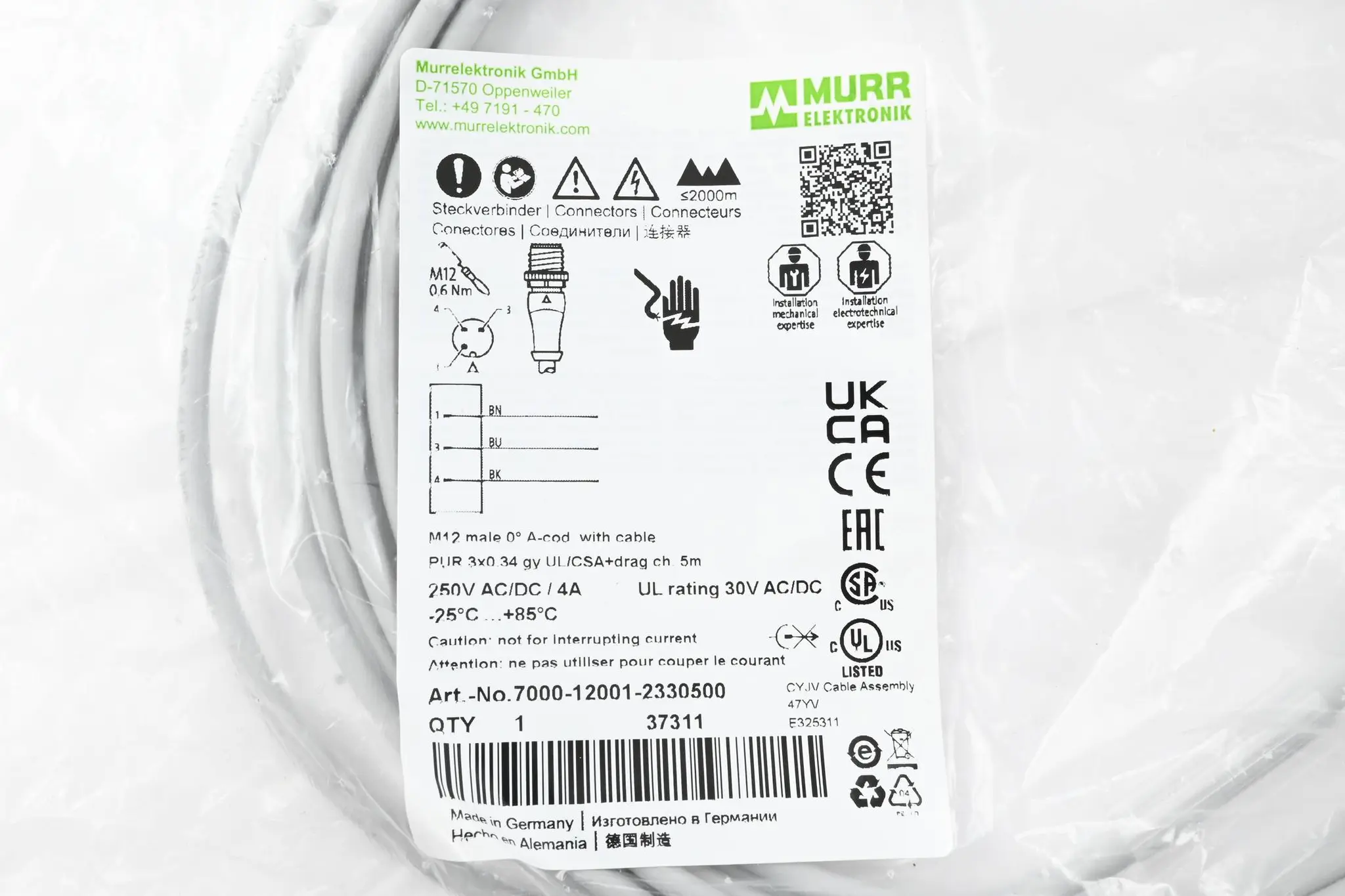 Produktfoto 1 von Murr Kabel M12 St. 0° A-kod. freies Ltg-ende ( 7000-12001-2330500 ) 5m