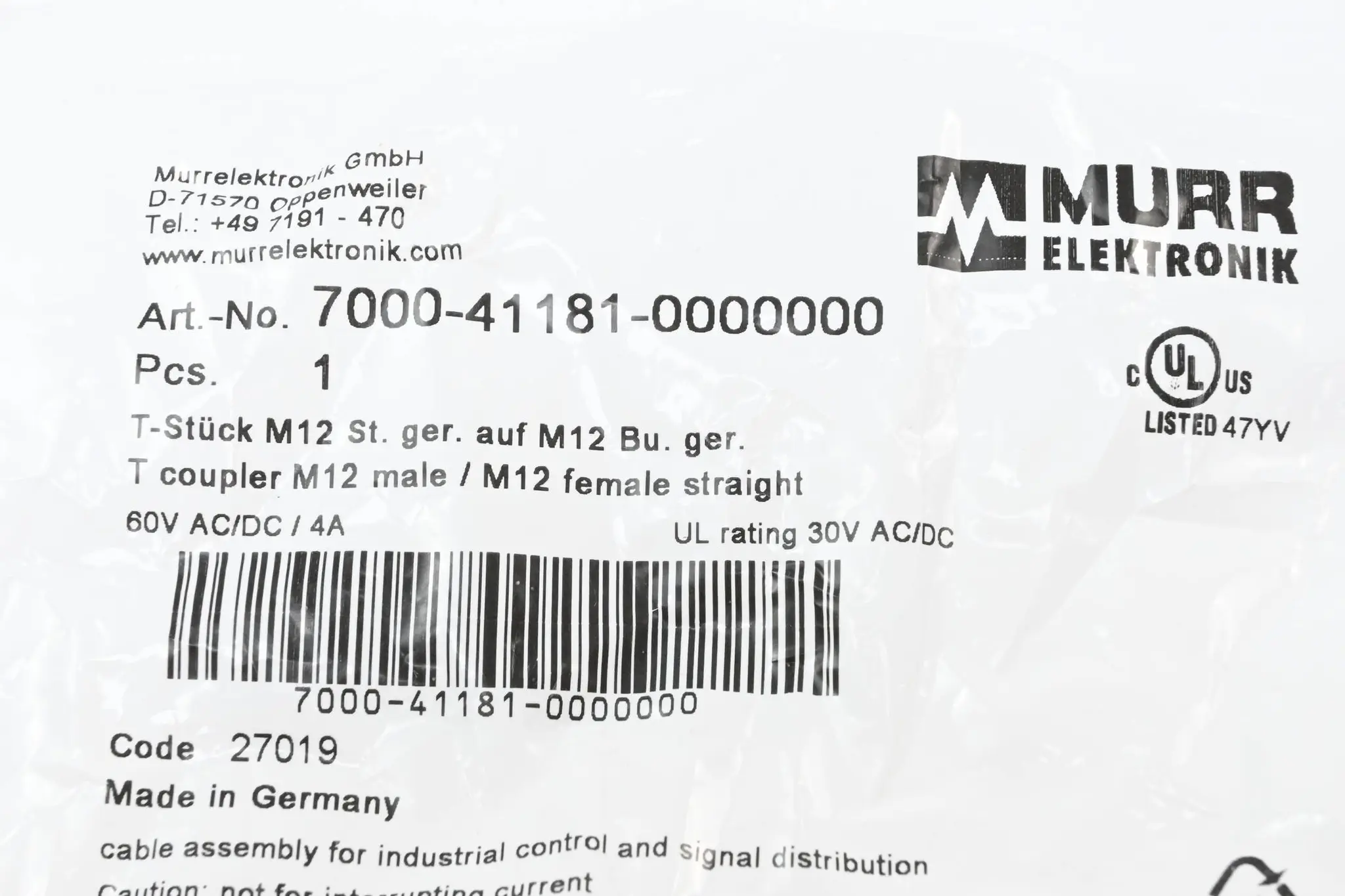 Produktfoto 1 von Murr Elektronik T-Stück M12 St. / M12 Bu. A-kod. ( 7000-41181-0000000 )