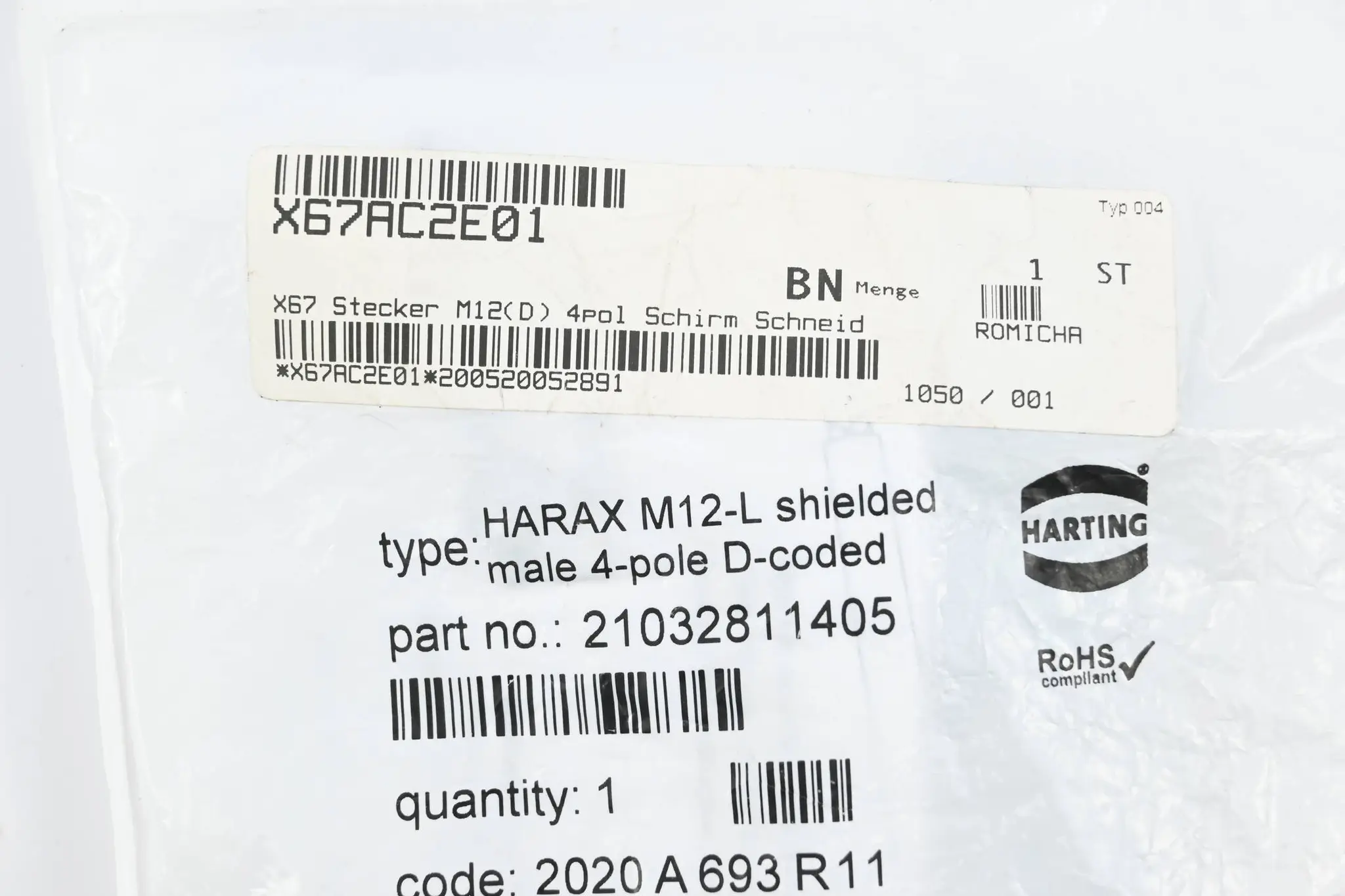 Produktfoto 1 von B&R X67AC2E01 / Hartmann Harax M12-L Shielded male 4-pole 21032811405