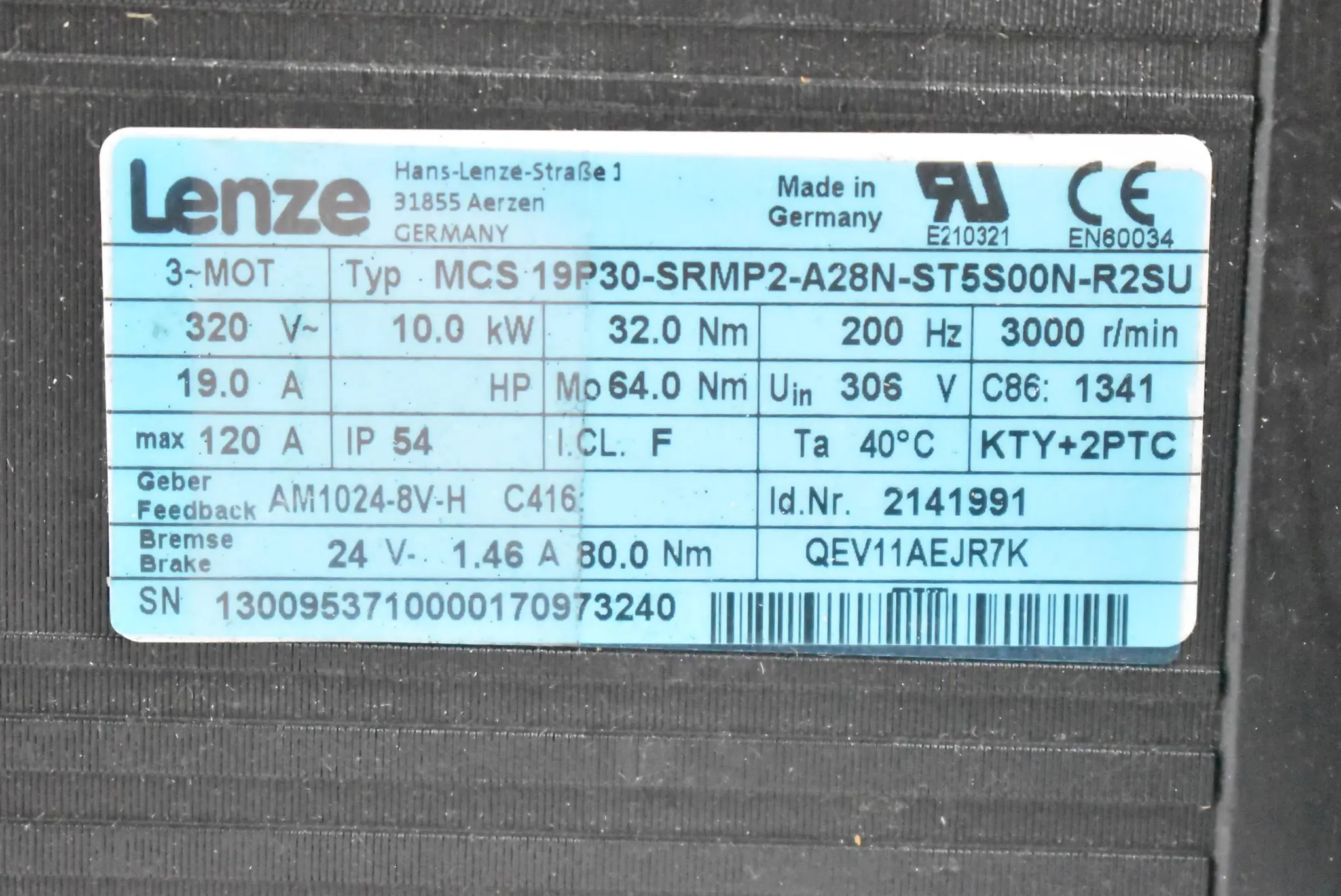 Produktfoto 1 von Lenze Servomotor 320V 10,0kW 32,0Nm 3000rpm MCS 19P30-SRMP2-A28N-ST5S00N-R2SU