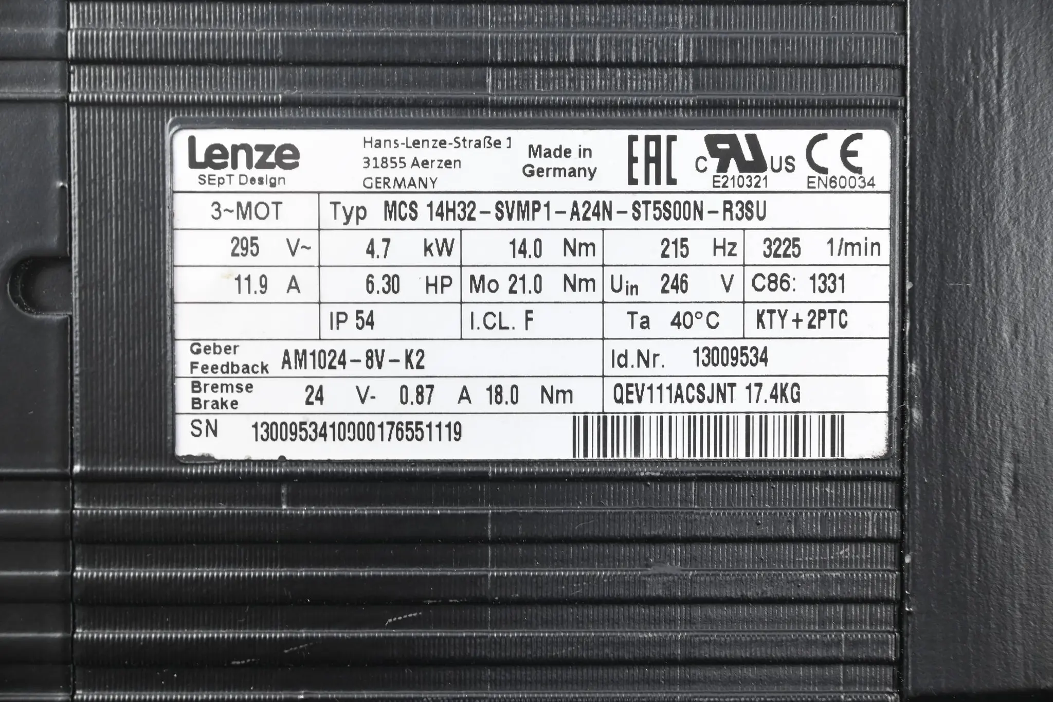 Produktfoto 1 von Lenze 3~ Motor MCS 14H32-SVMP1-A24N-ST5S00N-R3SU inkl. Getriebe G50BB124MGBR2N4E